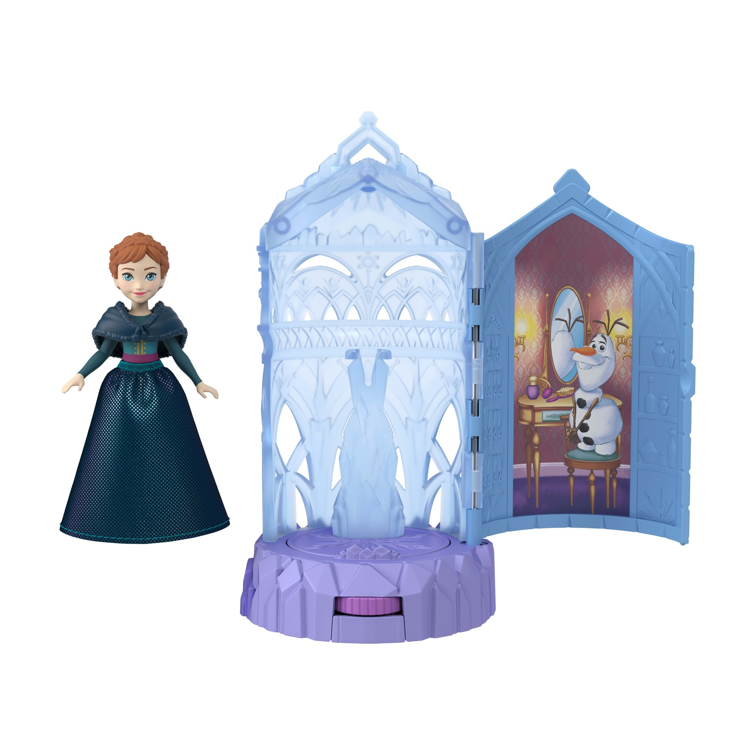 Un set di giocattoli con Anna e Olaf. Il set include una bambola, un palcoscenico con un design a ghiaccio e una scena della stanza. Lo sfondo è bianco.