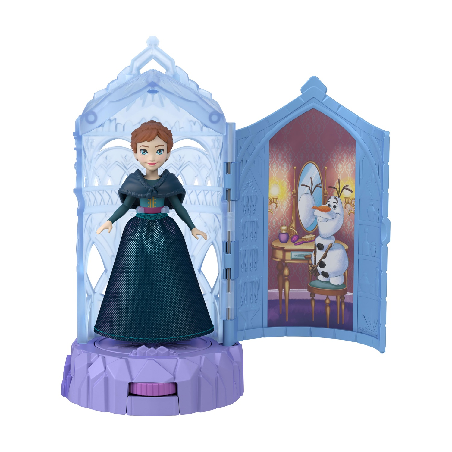 Set di giocattoli Frozen con bambola Anna, Olaf e una scena di vanità. Anna è al centro, una base rotante. La cornice blu si apre per mostrare Olaf.