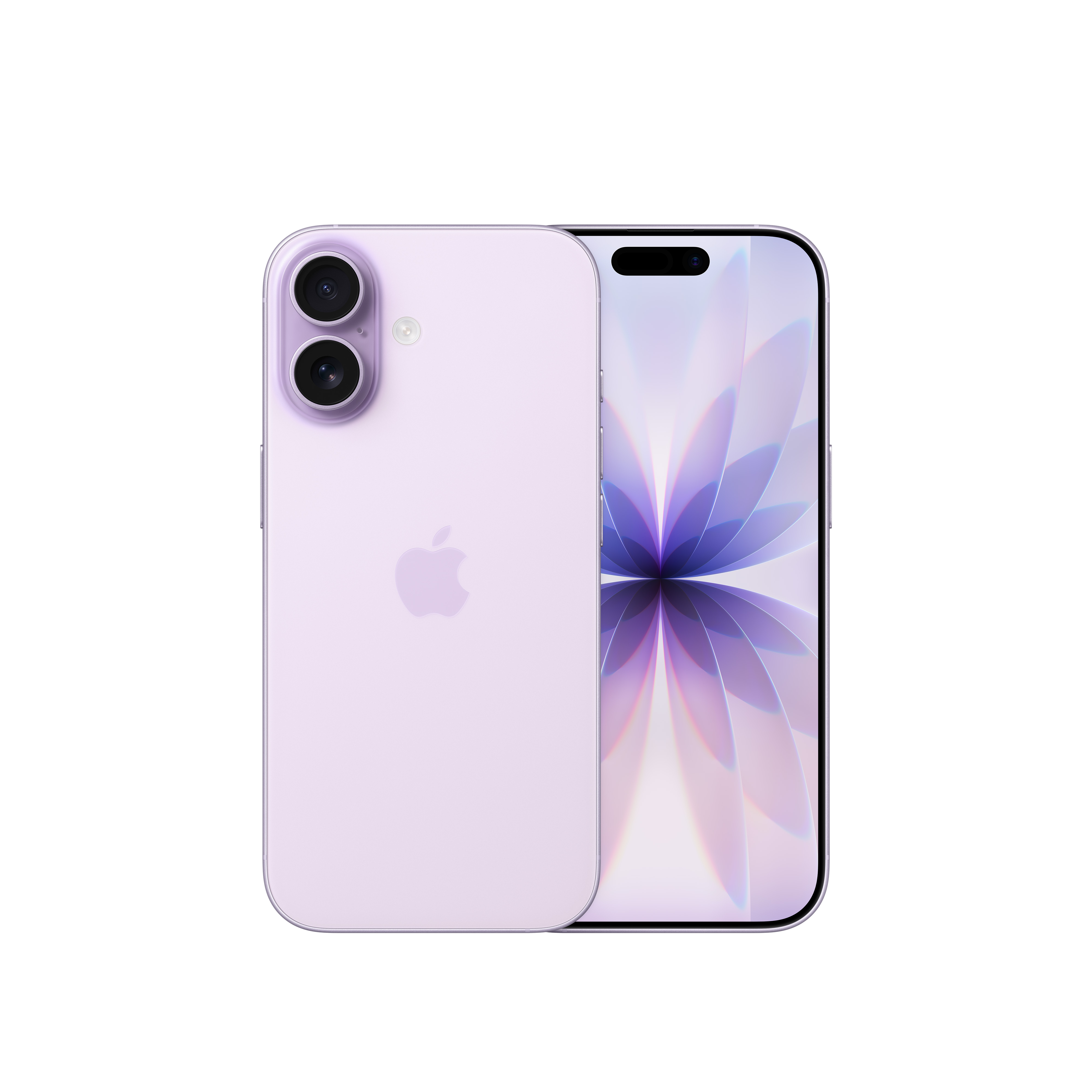 Ein helllila Smartphone mit zwei Kameras und einem Bildschirm, der ein lila Blumendesign zeigt, Apple-Logo sichtbar.