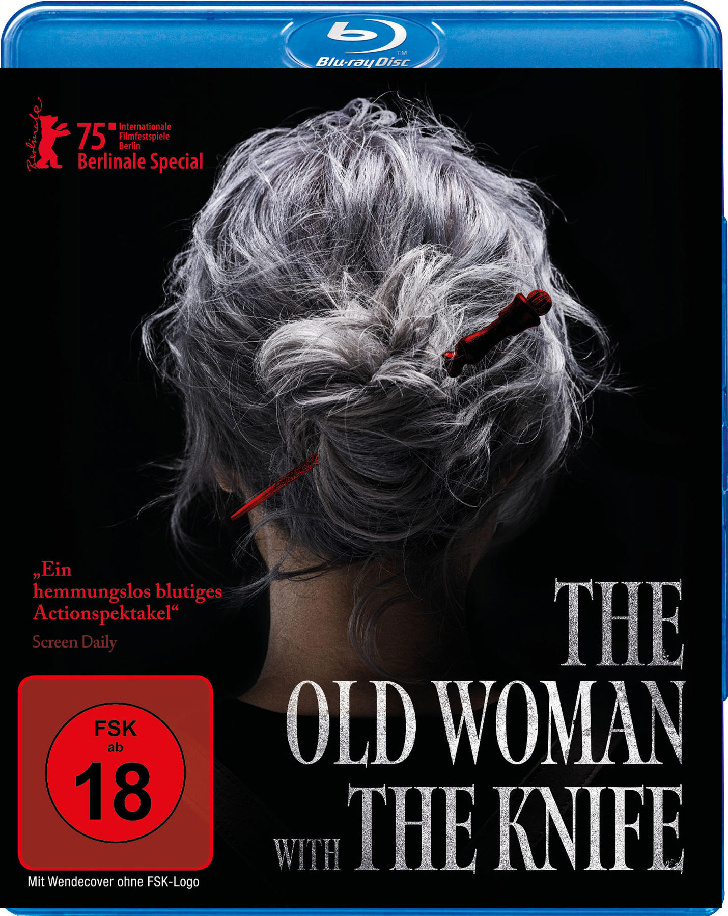 Blu-ray-Cover für „The Old Woman with the Knife“. Eine Frau mit grauem Haar und einer roten Haarnadel. Der Titel ist groß, weiß.