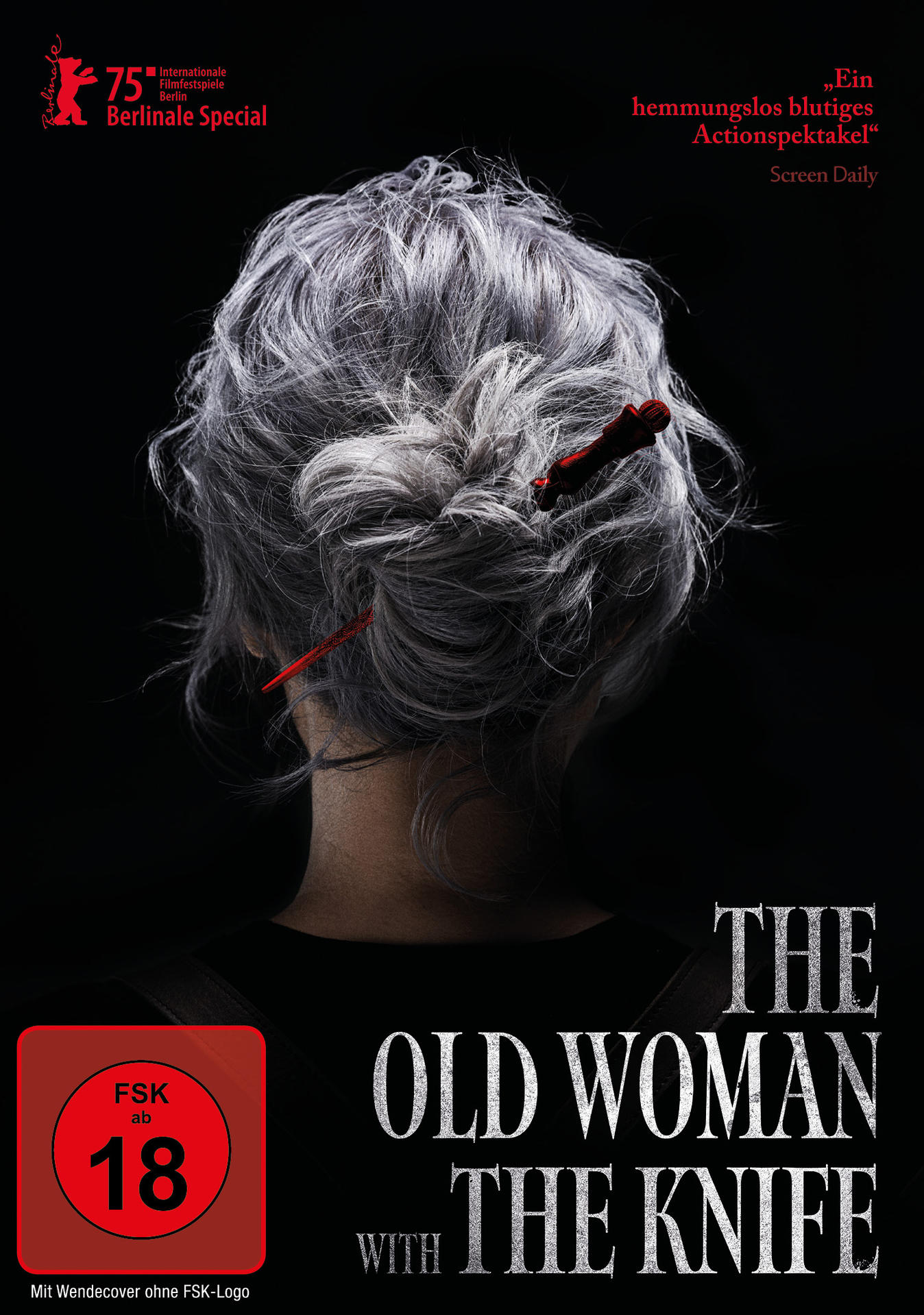 Poster für "The Old Woman With The Knife". Zeigt graue Haare einer Frau mit roter Haarnadel. Text: "FSK ab 18".