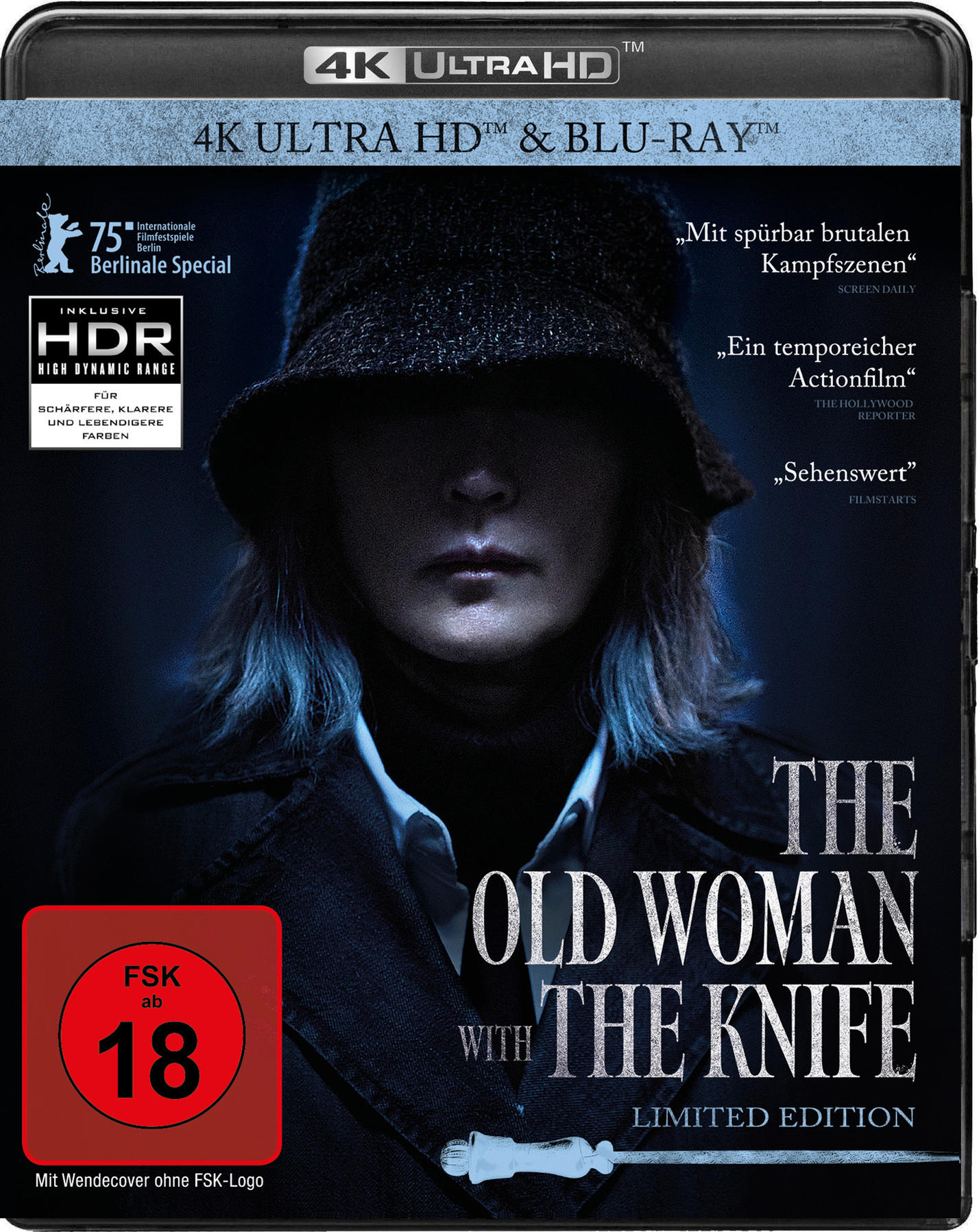Cover für "The Old Woman with the Knife". Eine Frau mit Hut ist zentriert. Text enthält "4K ULTRA HD" und eine Altersfreigabe.