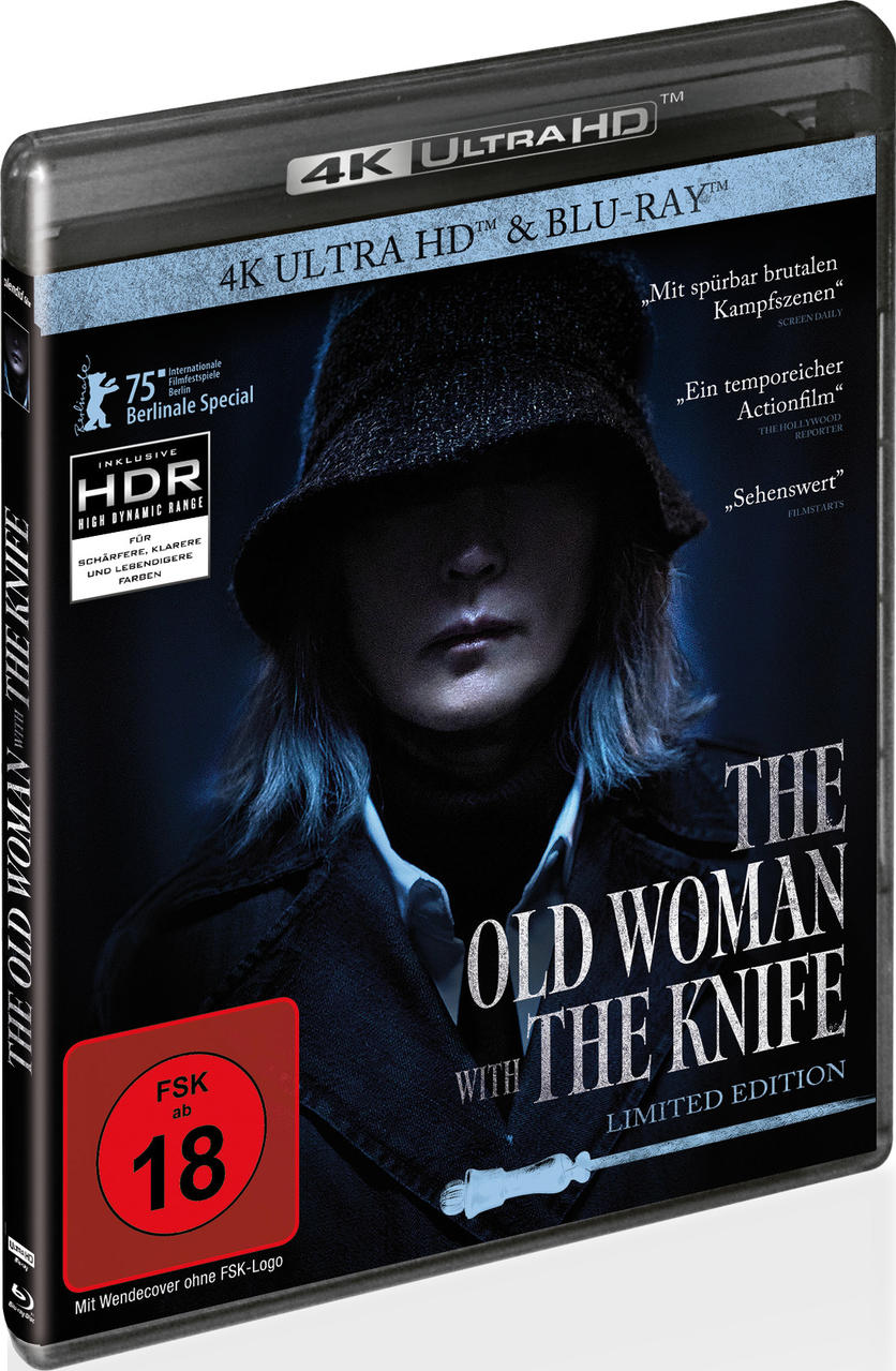 Blu-ray-Cover für 'The Old Woman with the Knife'. Eine Frau mit Hut steht im Mittelpunkt. Text enthält '4K Ultra HD' und eine Altersfreigabe '18'.