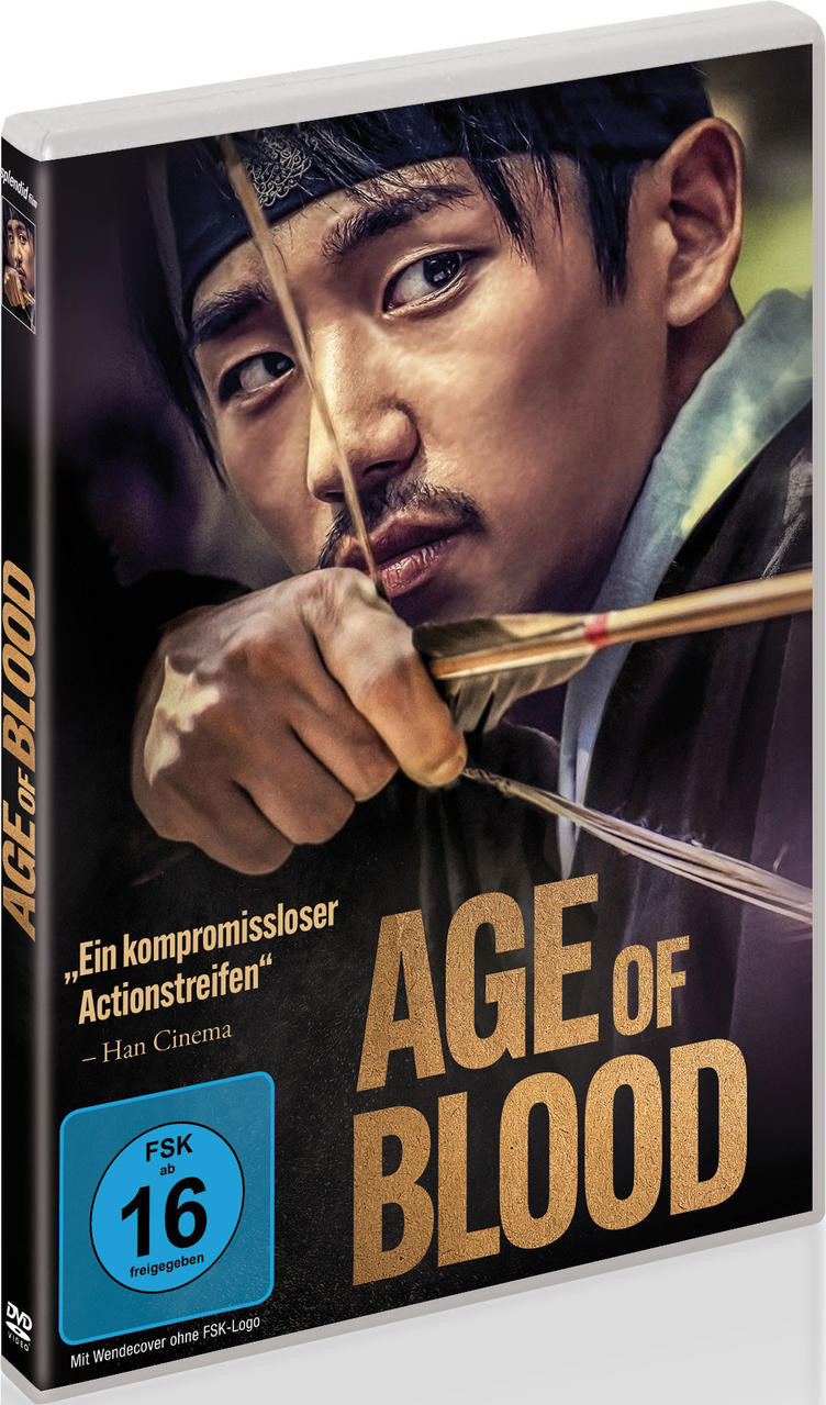 DVD-Cover von 'Age of Blood'. Ein Mann mit Pfeil und Bogen zielt. Das Cover hat Text in Gold.