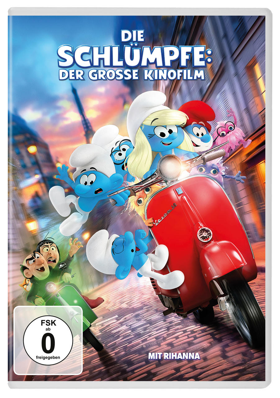 Schlümpfe auf einem roten Vespa-Roller. Schlumpfine und andere Schlümpfe fahren. Gargamel ist links unten. Der Eiffelturm ist im Hintergrund.