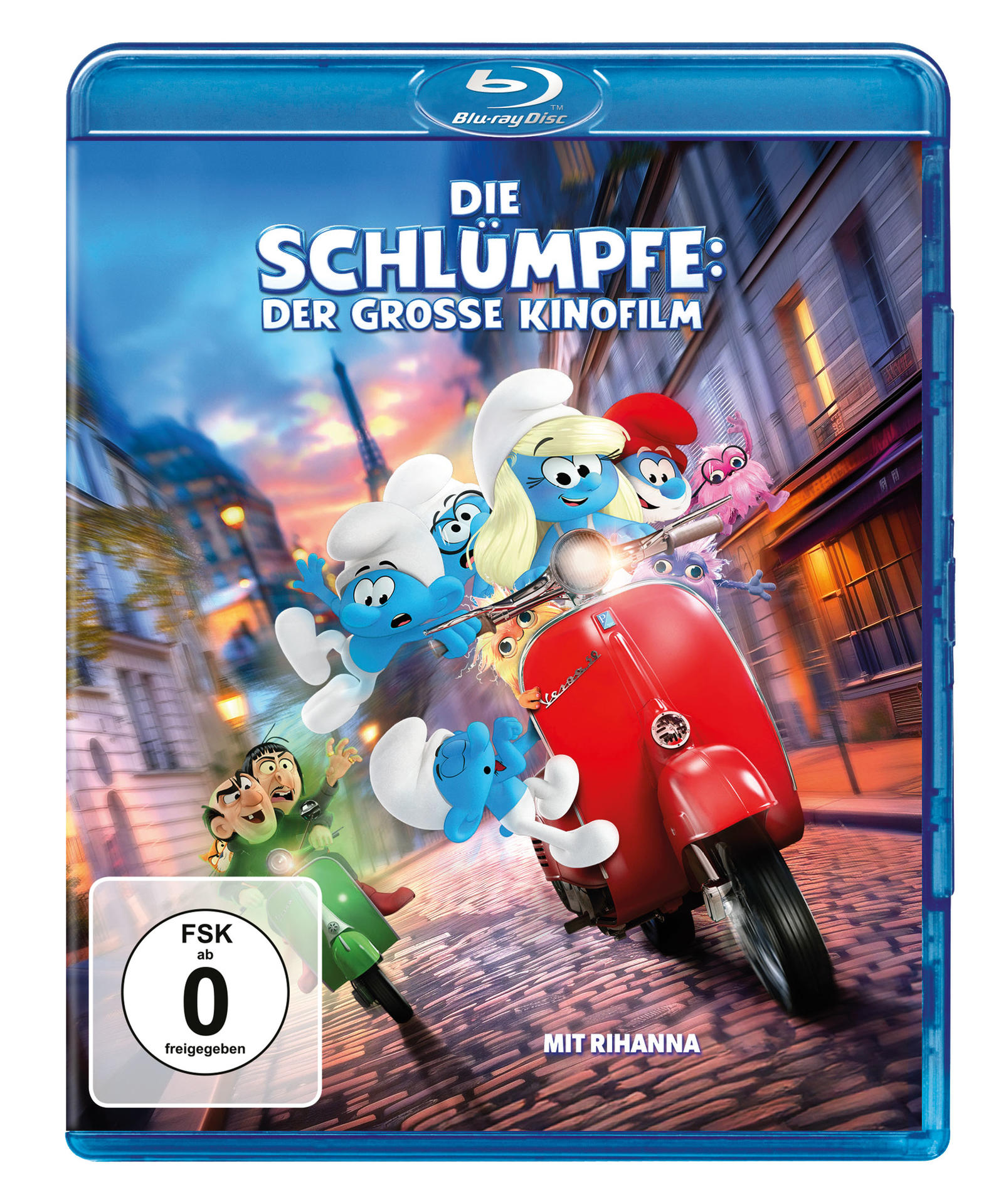 Blu-ray-Cover des Films Die Schlümpfe. Schlümpfe fahren in Paris auf einer roten Vespa. Eiffelturm im Hintergrund. Enthält FSK 0.