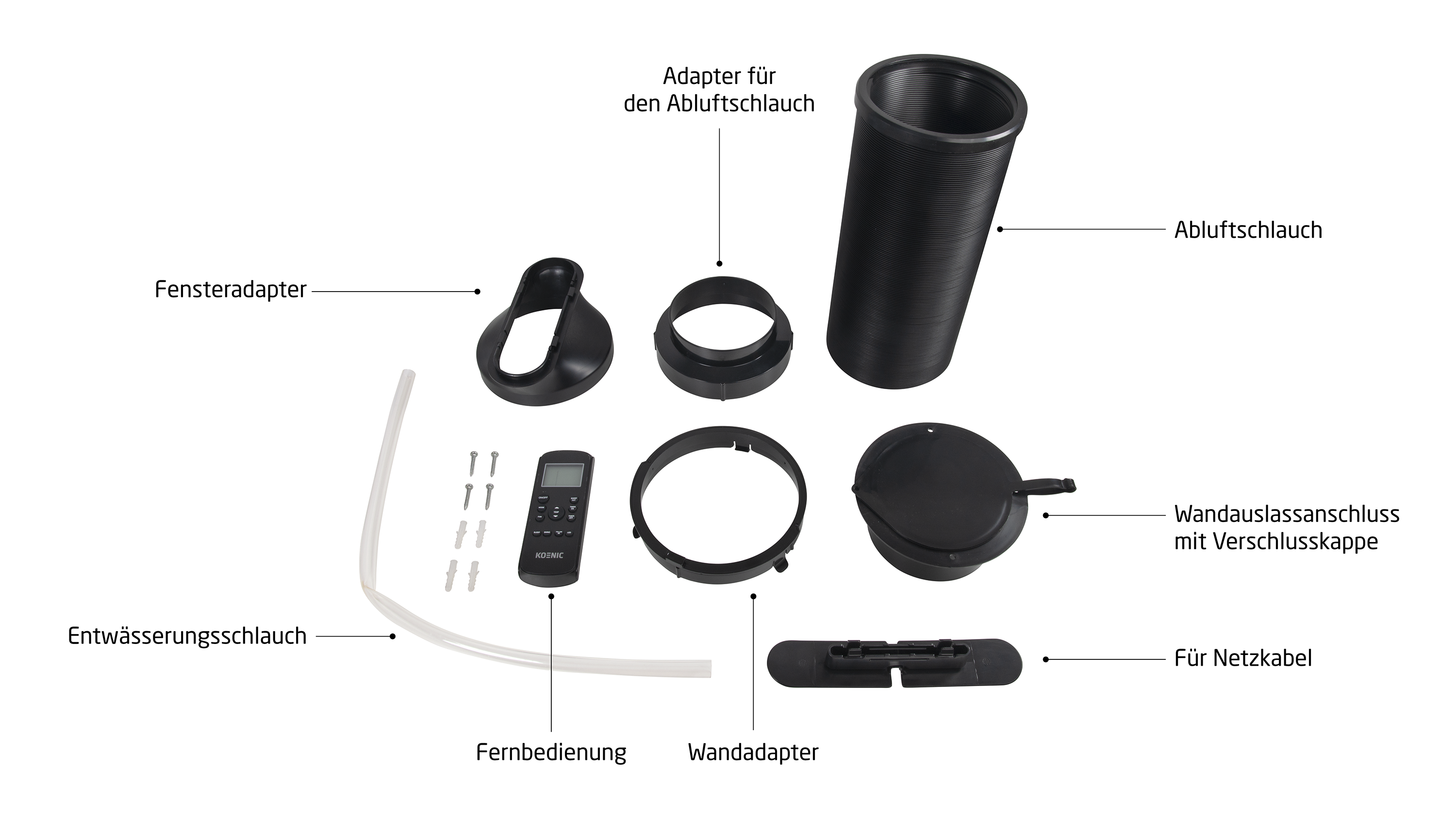 Eine Ansammlung schwarzer Kunststoffkomponenten, darunter ein Adapter, ein Schlauch, eine Fernbedienung und andere Teile für ein Klimagerät.