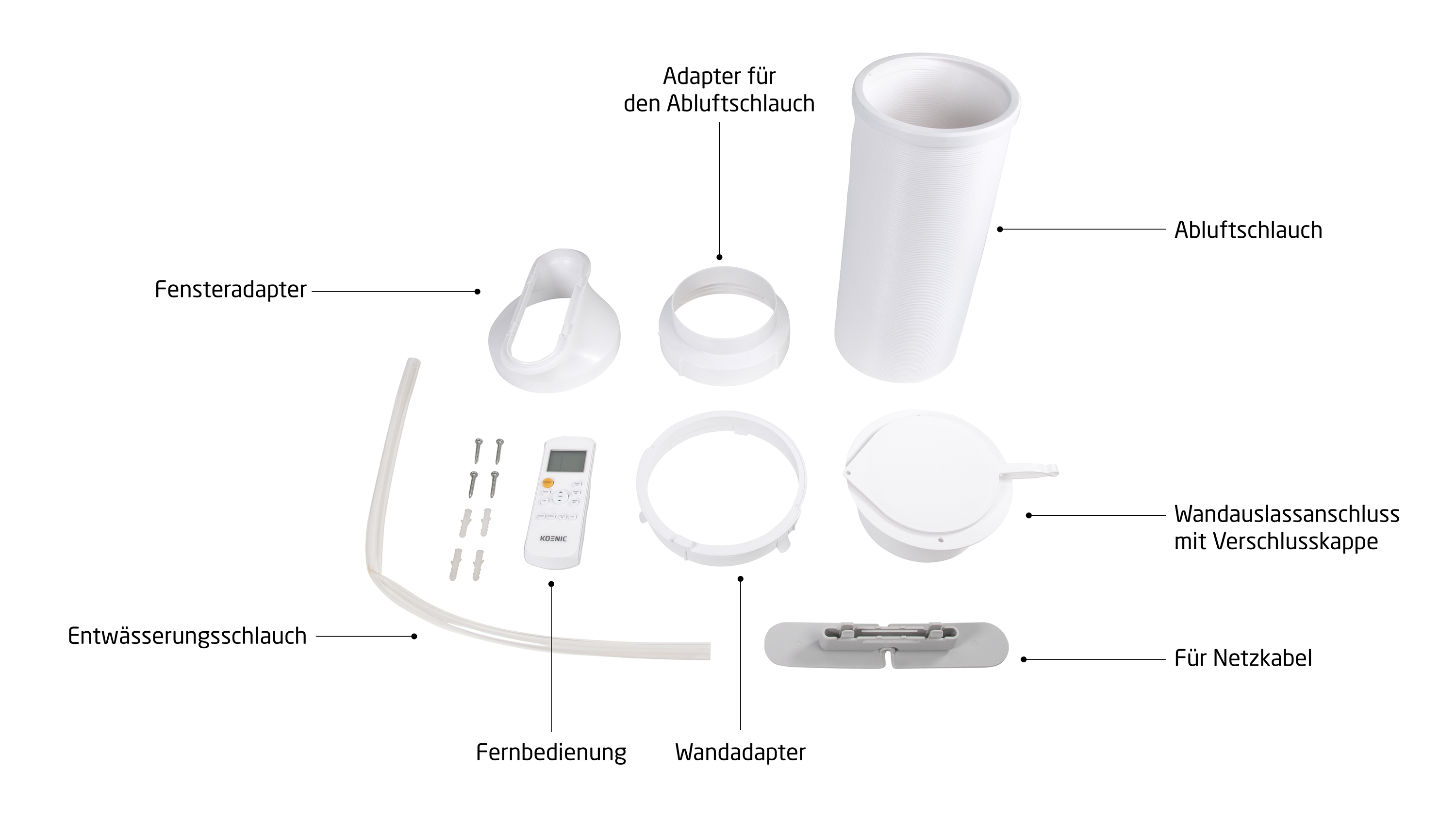 Weiße Klimaanlagen-Teile, einschließlich Schlauch, Adapter, Fernbedienung und Anschlüsse, auf weißem Hintergrund.