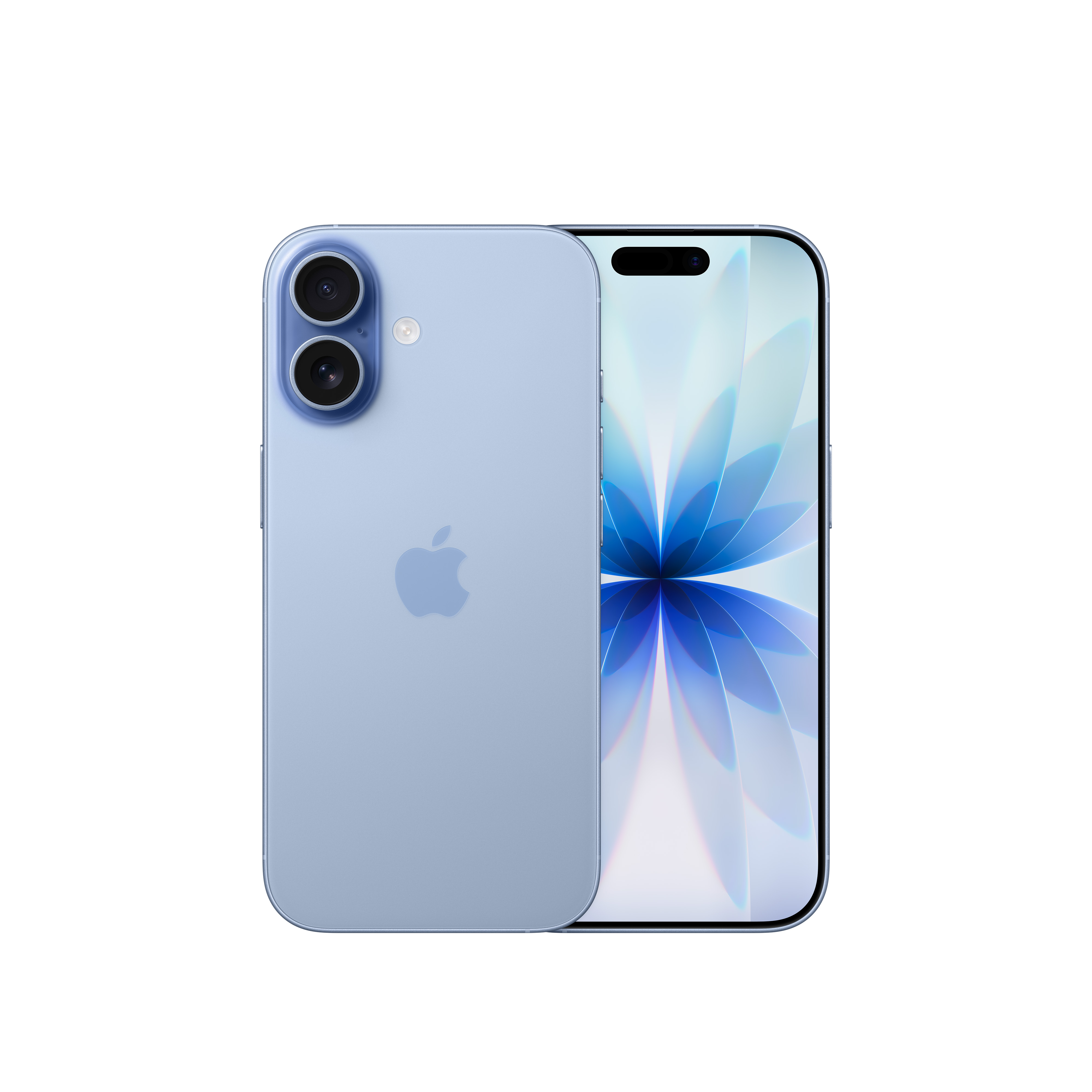 Ein hellblaues iPhone mit einem Display, das eine blaue Blume zeigt. Die Rückseite hat Apple-Logo und Kameras.