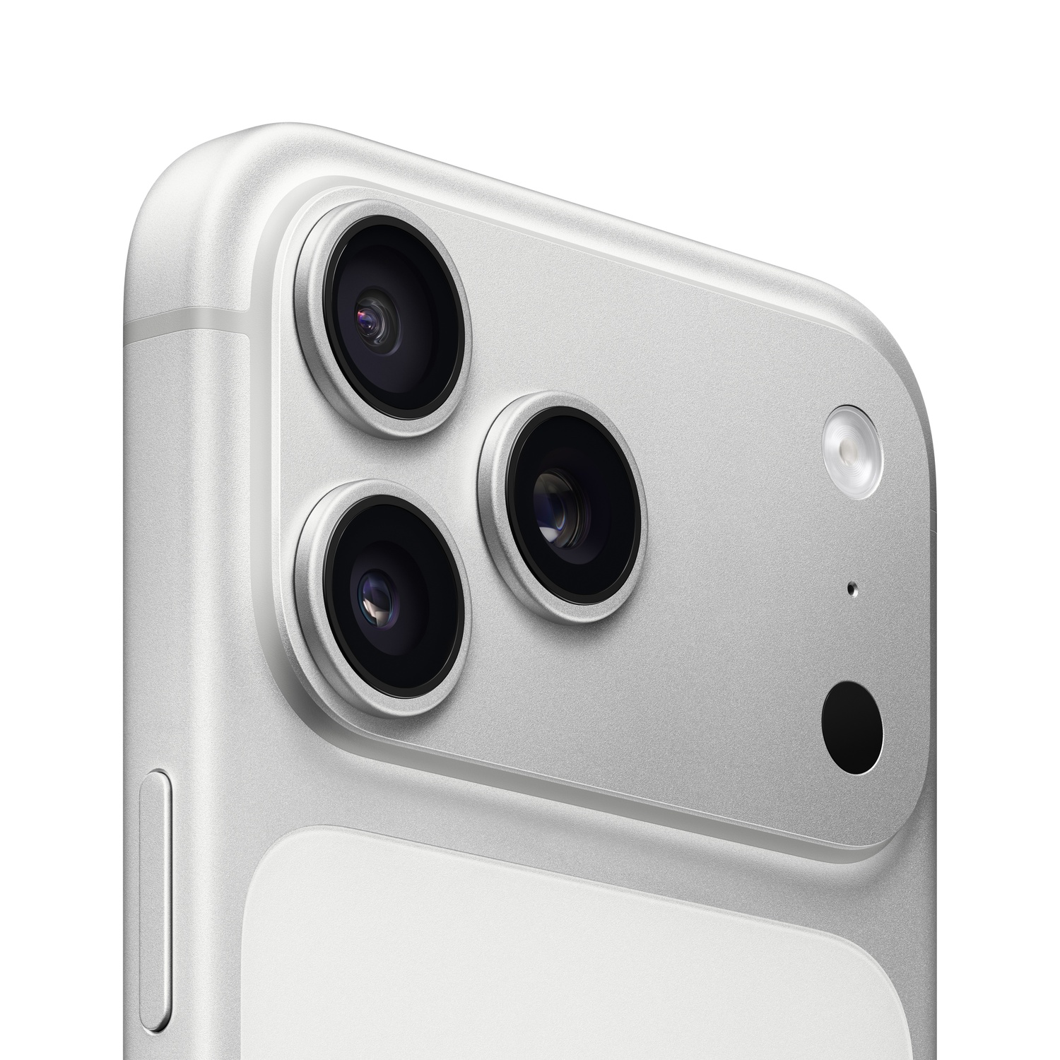 Close-up of a silver smartphone's camera module. Three lenses are visible, alongside a flash and a microphone. The background is white.