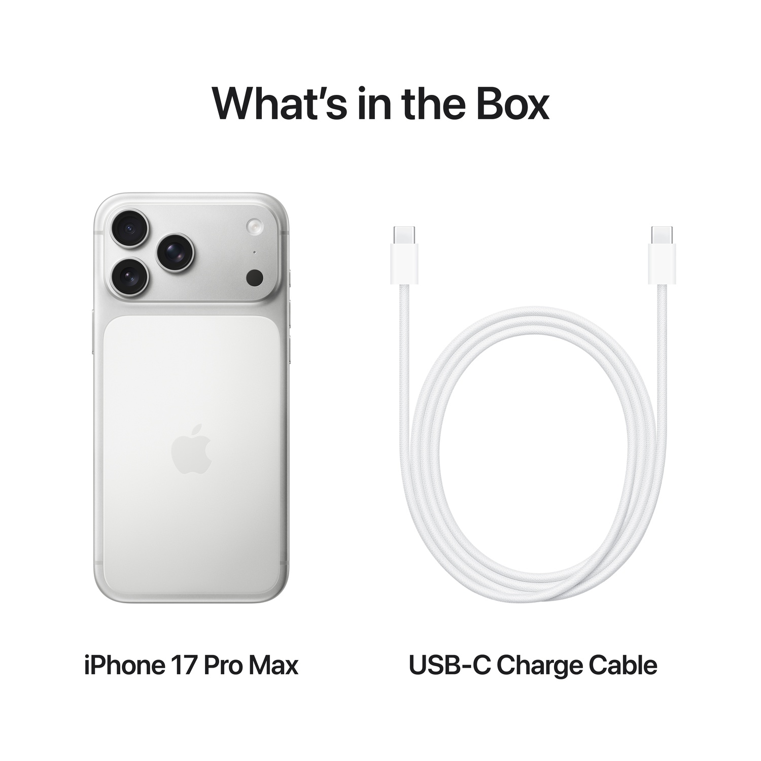 Image shows an iPhone 17 Pro Max and a USB-C charge cable on a white background. Text reads, What's in the Box.