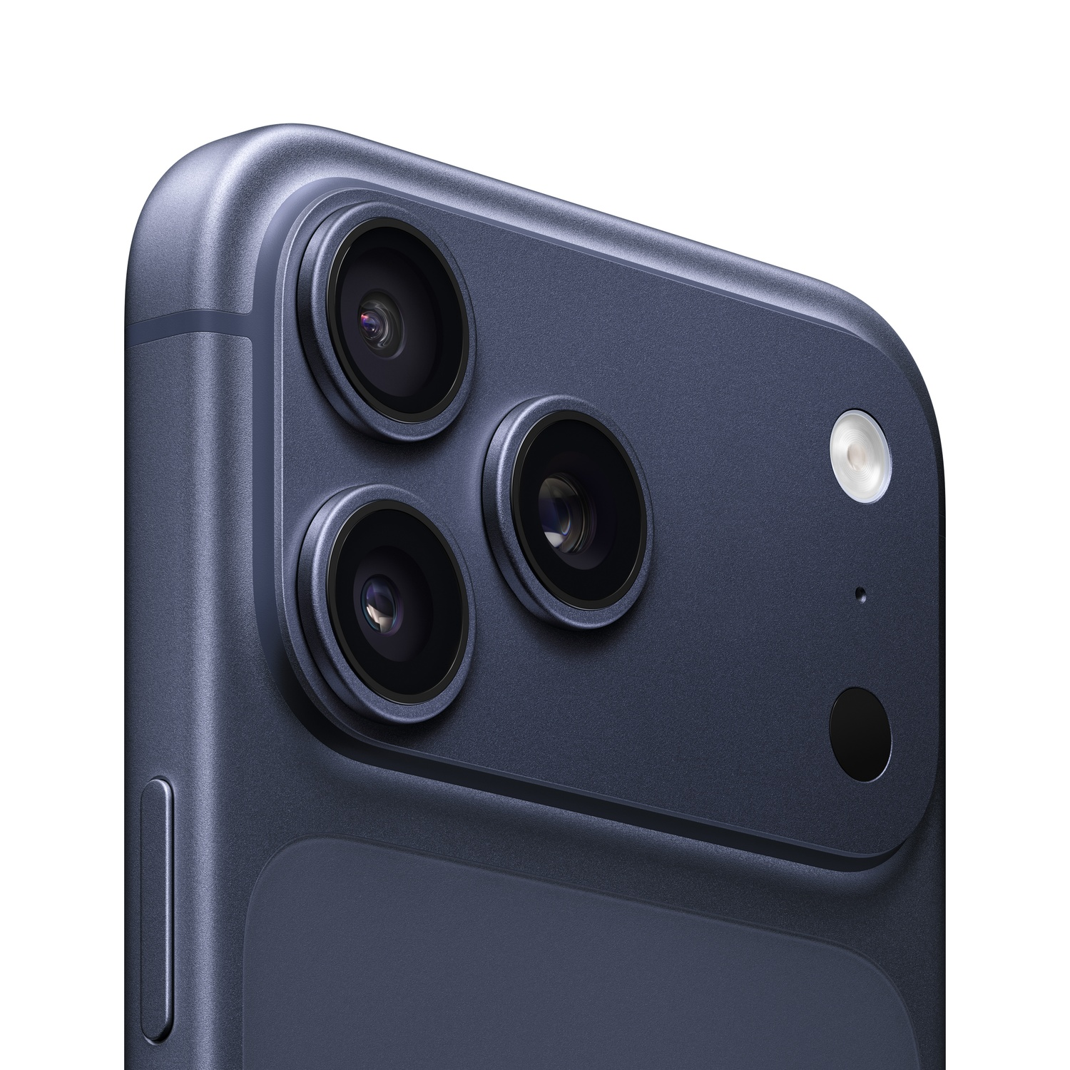 Close-up of a dark blue smartphone camera module. Three lenses, a flash, and a small black dot are visible on the module's surface.