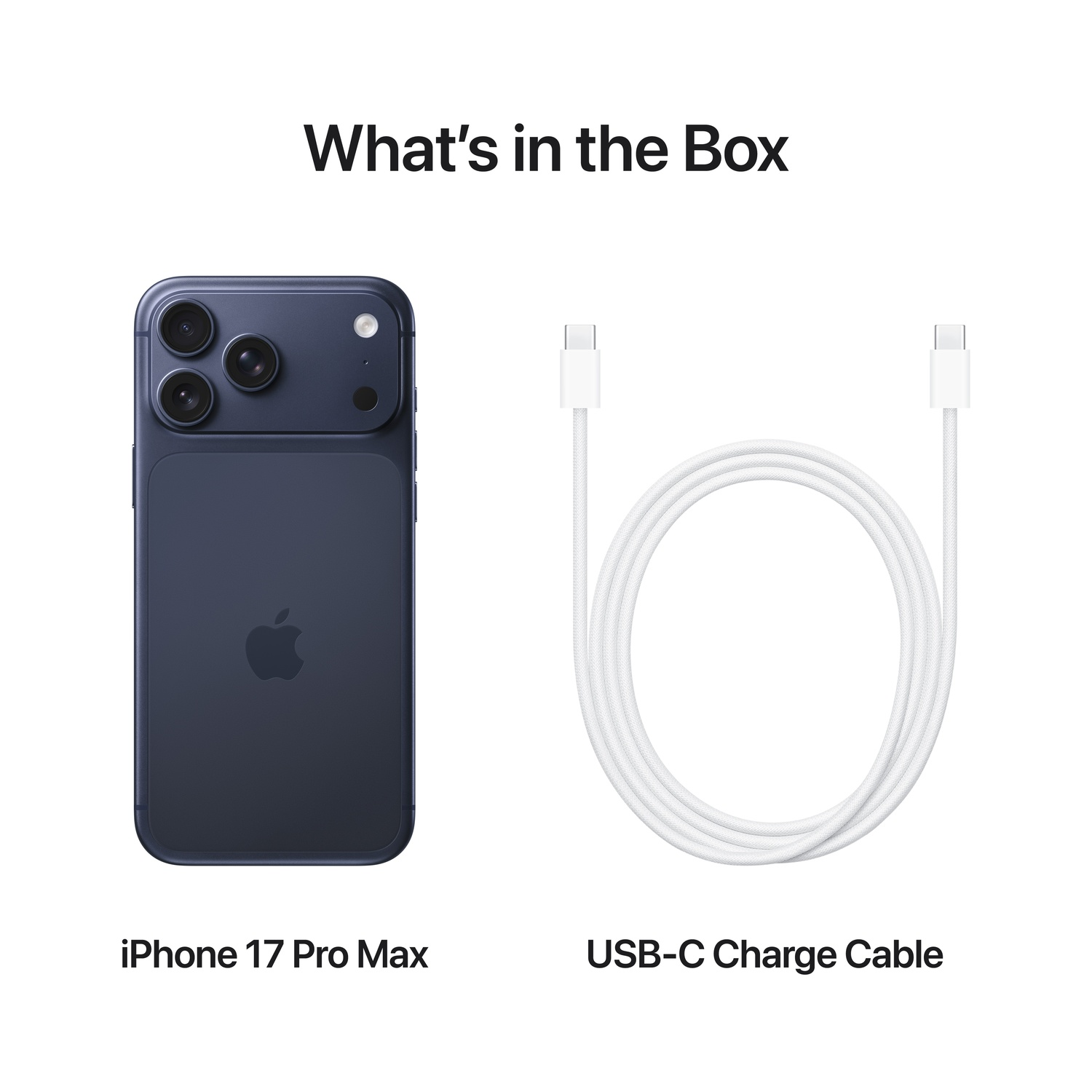 Image shows an iPhone 17 Pro Max and a USB-C charge cable. The phone is dark blue, and the cable is white against a white background.