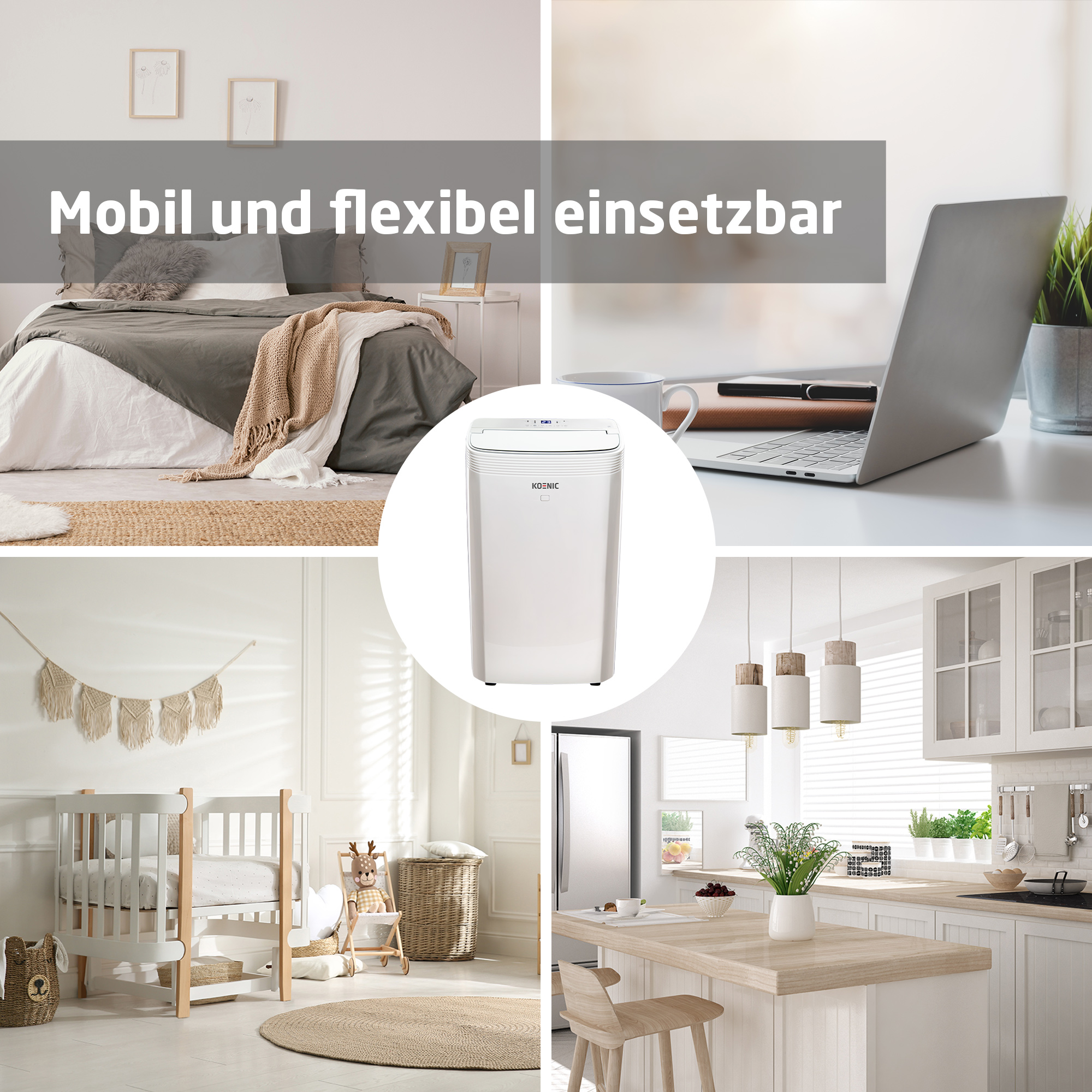 Collage: Schlafzimmer mit Bett, Schreibtisch mit Laptop, Luftreiniger, Babyzimmer und Küche mit Insel.