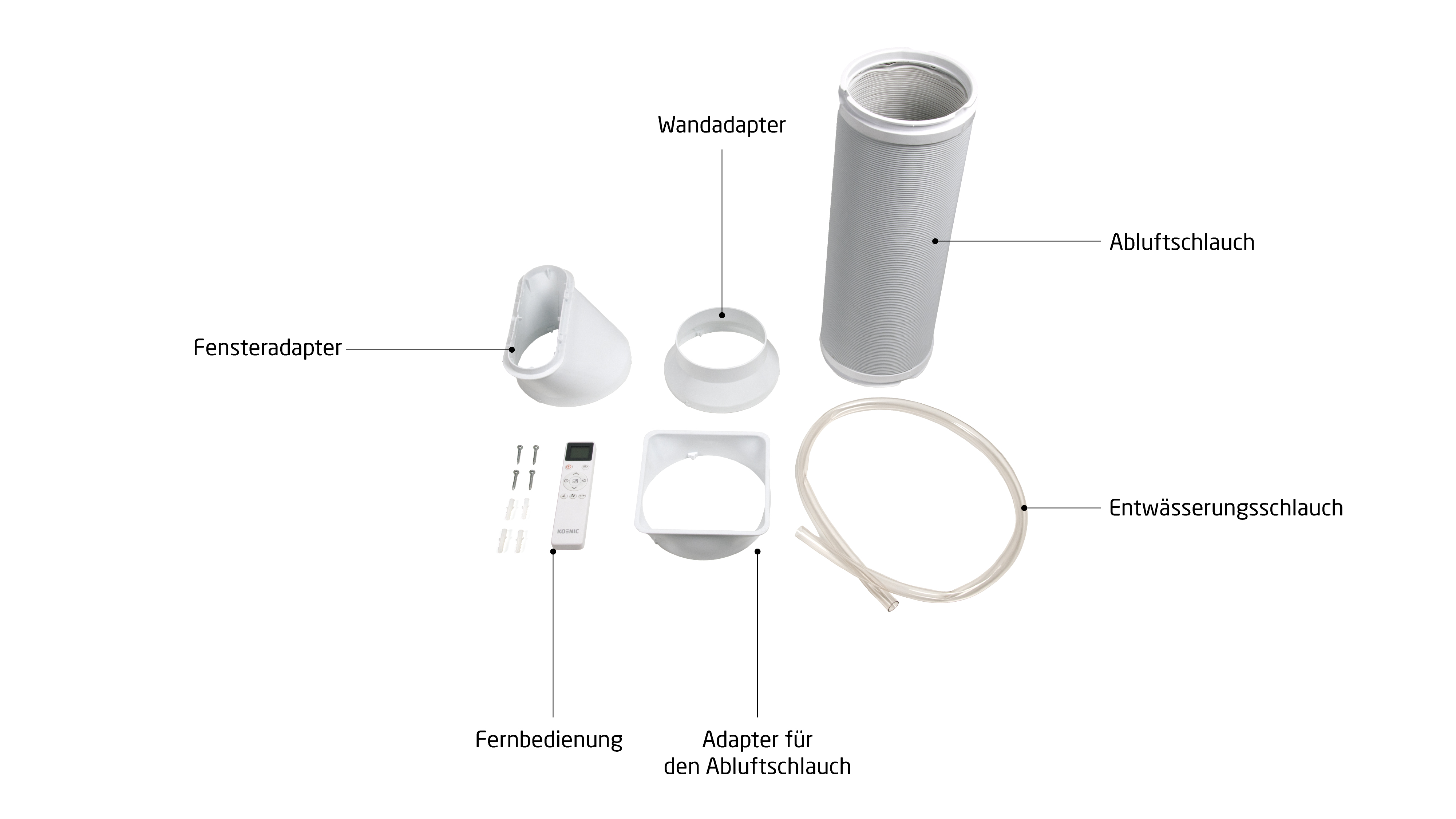 Klimaanlagenteile: Fensteradapter, Wandadapter, Abluftschlauch, Entwässerungsschlauch, Fernbedienung und Adapter für den Abluftschlauch.