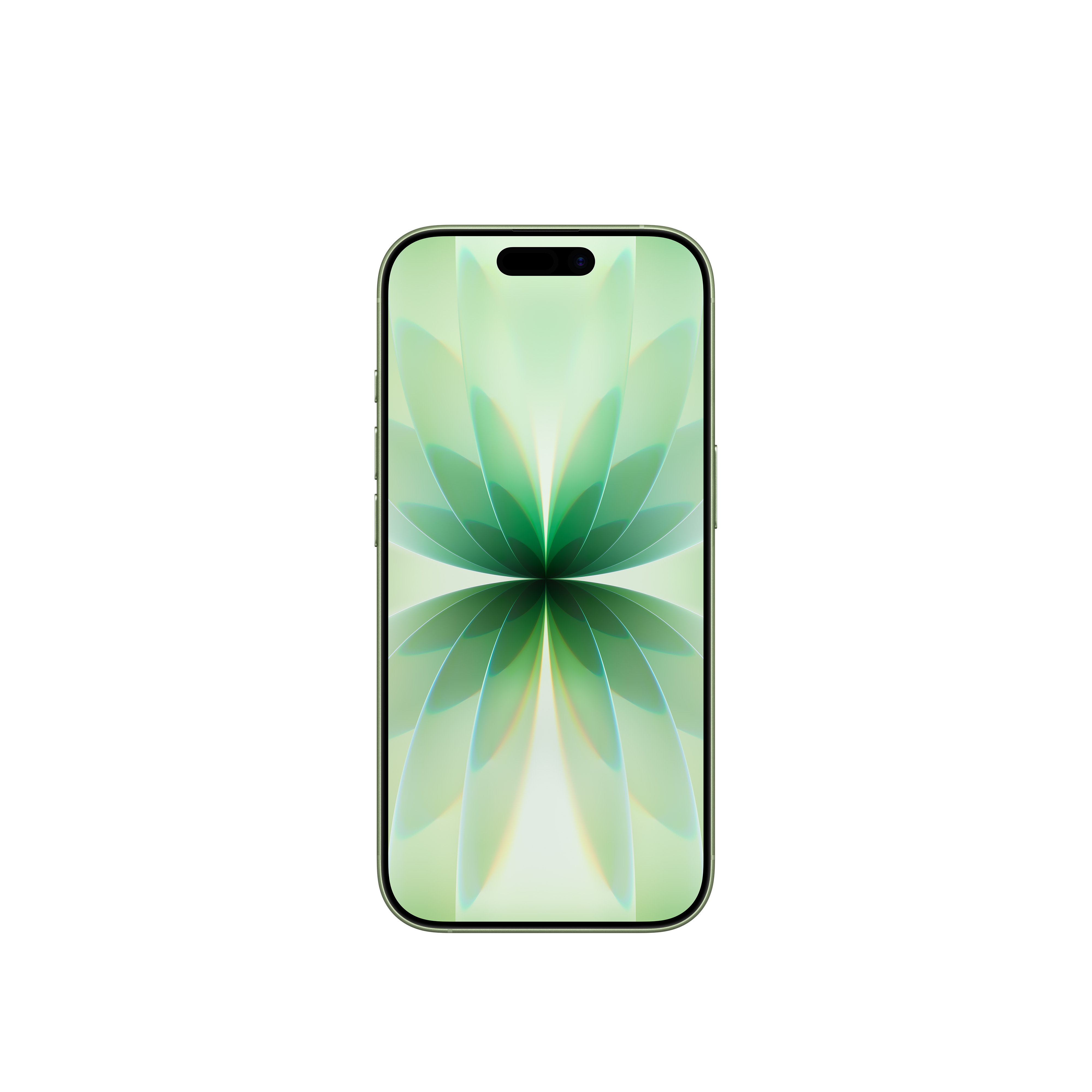 Ein Smartphone mit grünem Blumendesign auf dem Bildschirm steht vor weißem Hintergrund.
