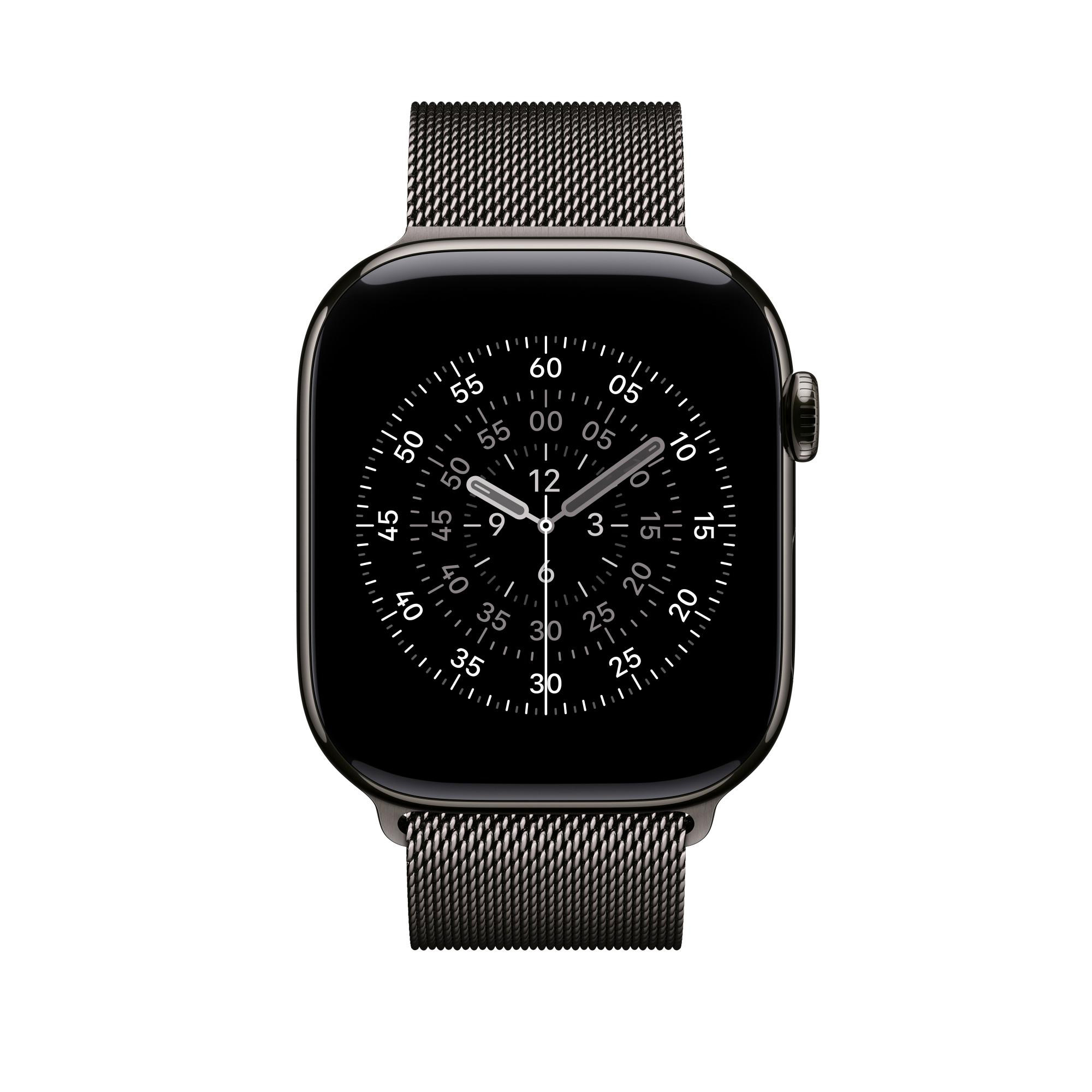 Eine schwarze Smartwatch mit Mesh-Armband zeigt die Uhrzeit an. Das Zifferblatt zeigt Zahlen am Rand.