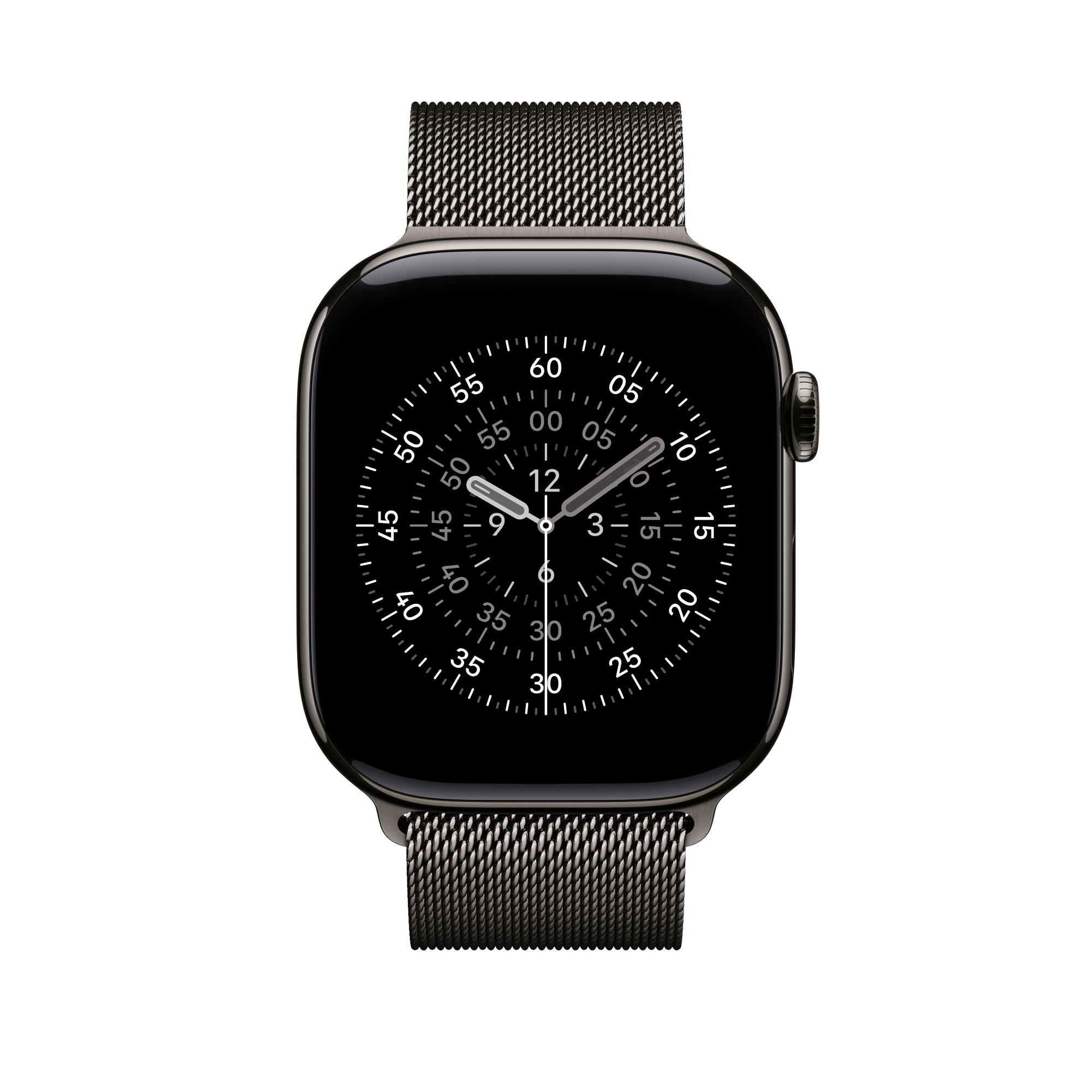 Eine schwarze Apple Watch mit einem schwarzen Mesh-Armband. Das Zifferblatt zeigt die Zeit an.