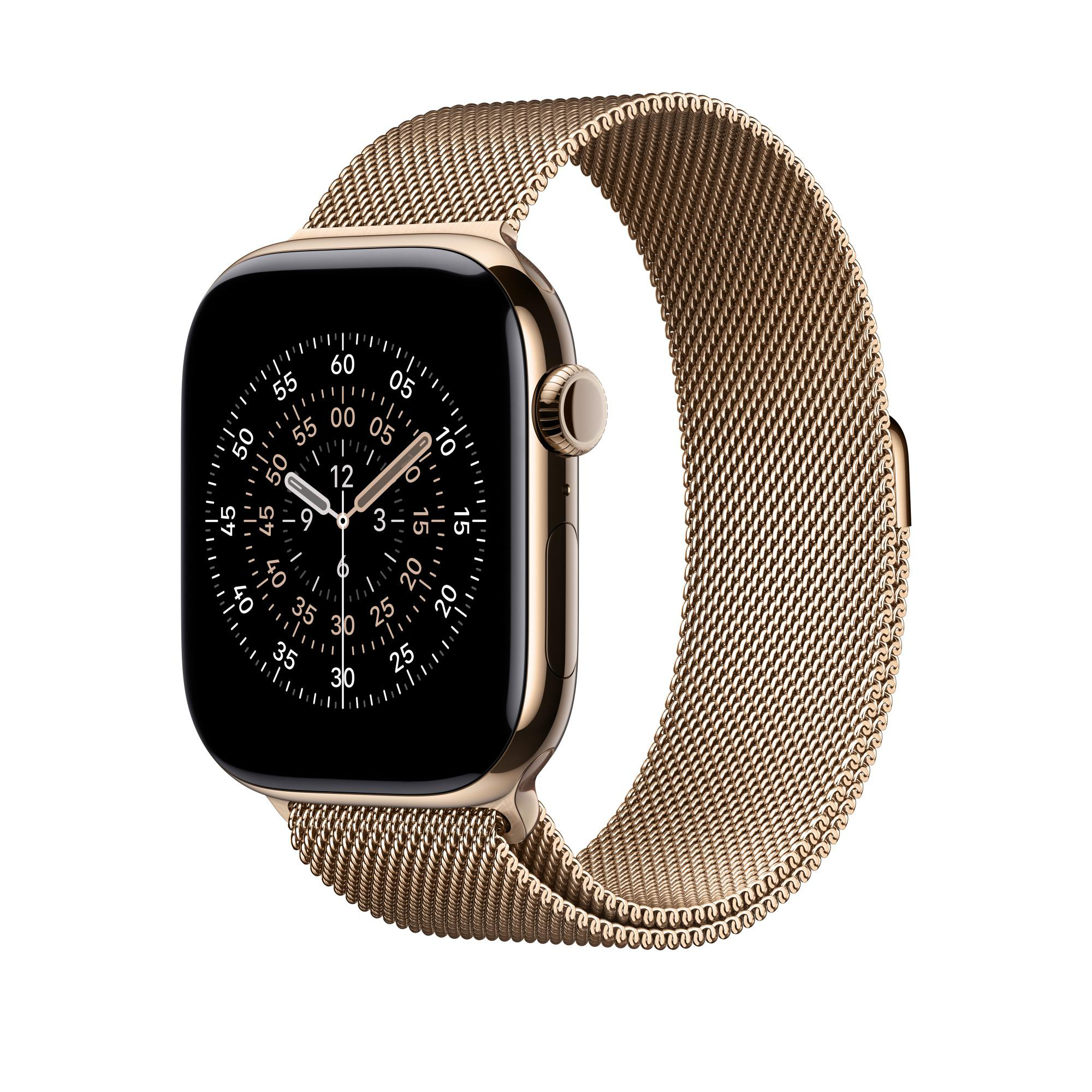 Goldene Apple Watch mit schwarzem Bildschirm, der die Uhrzeit anzeigt, und goldenem Milanese-Loop-Armband auf weißem Hintergrund.