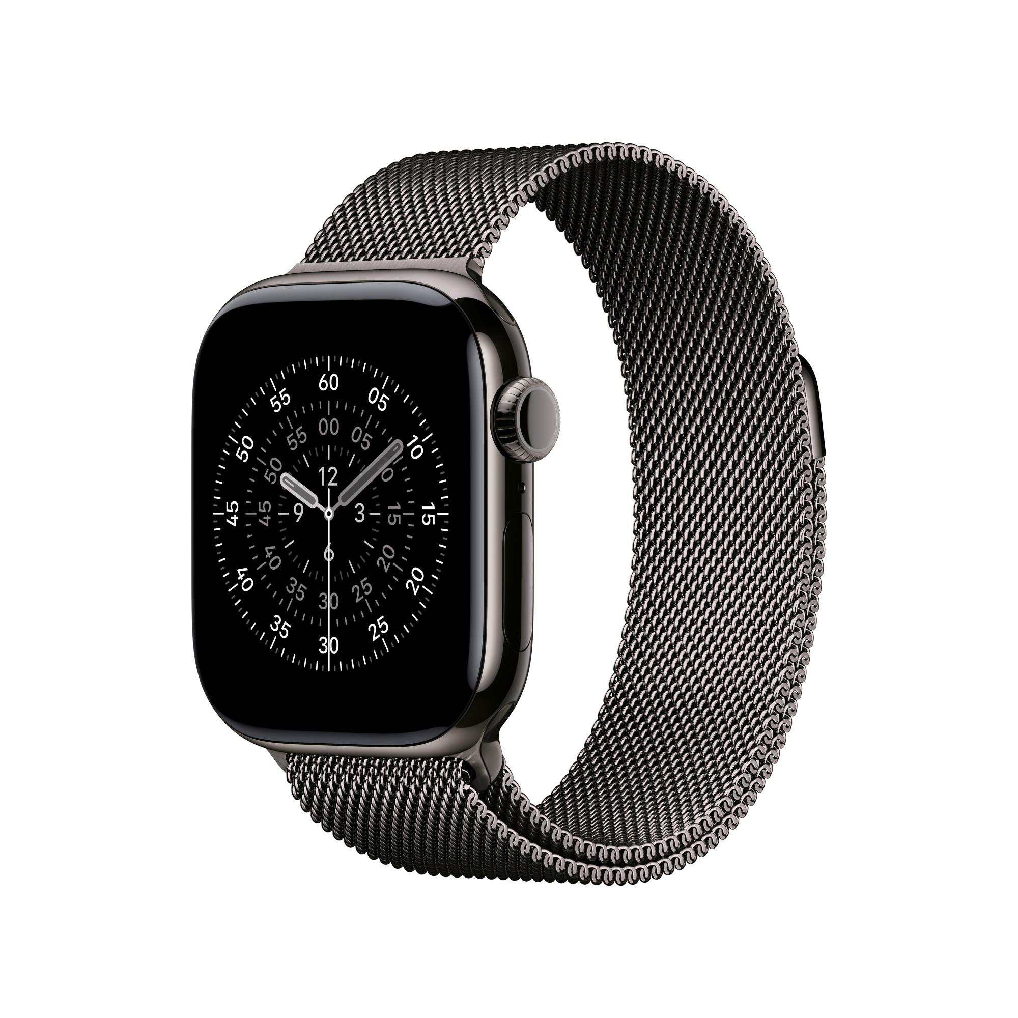 Eine schwarze Apple Watch mit Metallarmband wird vor weißem Hintergrund gezeigt. Das Zifferblatt zeigt die Uhrzeit an.