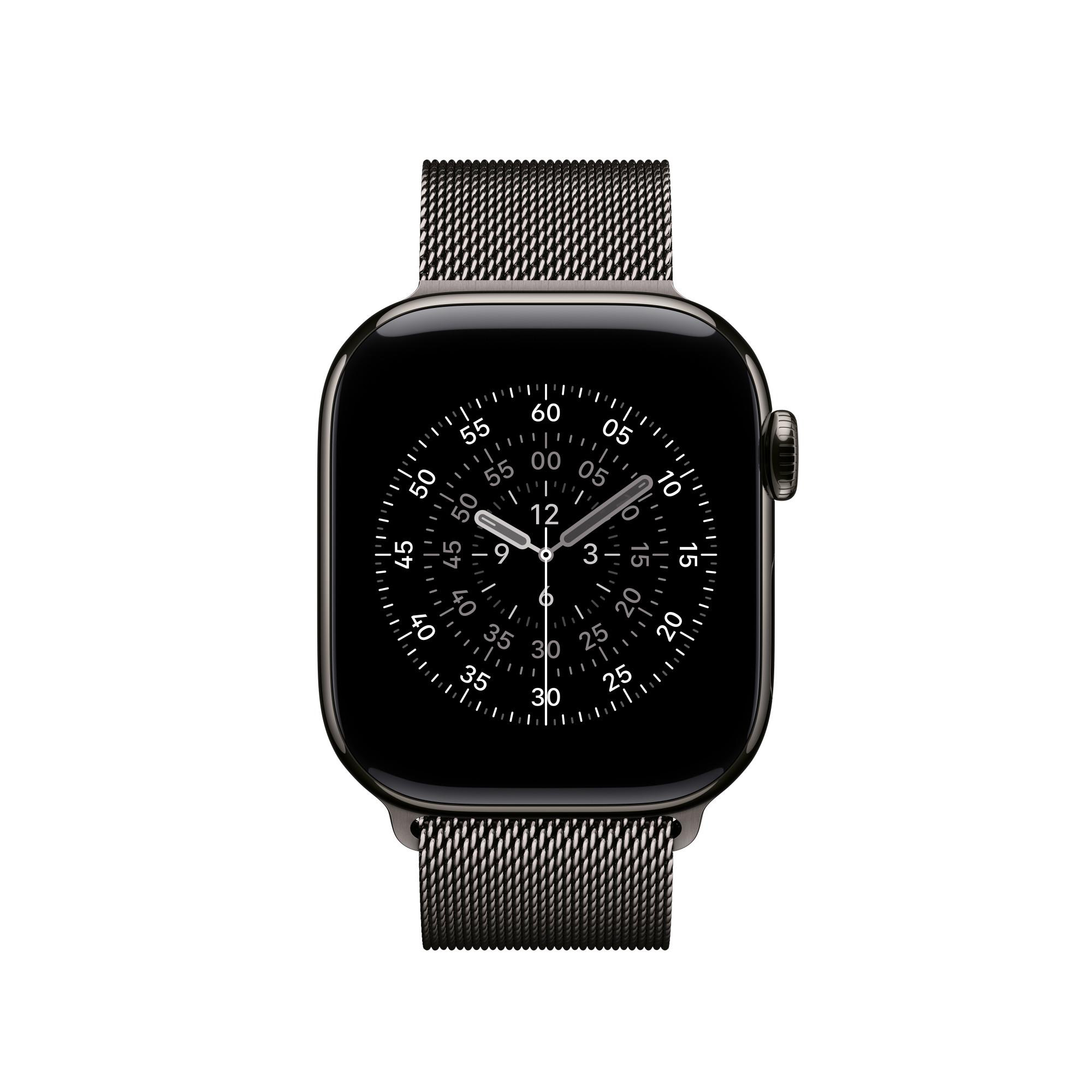 Eine schwarze Apple Watch mit einem Mesh-Armband. Das Zifferblatt zeigt die Uhrzeit an. Lünette und Band sind dunkelgrau.