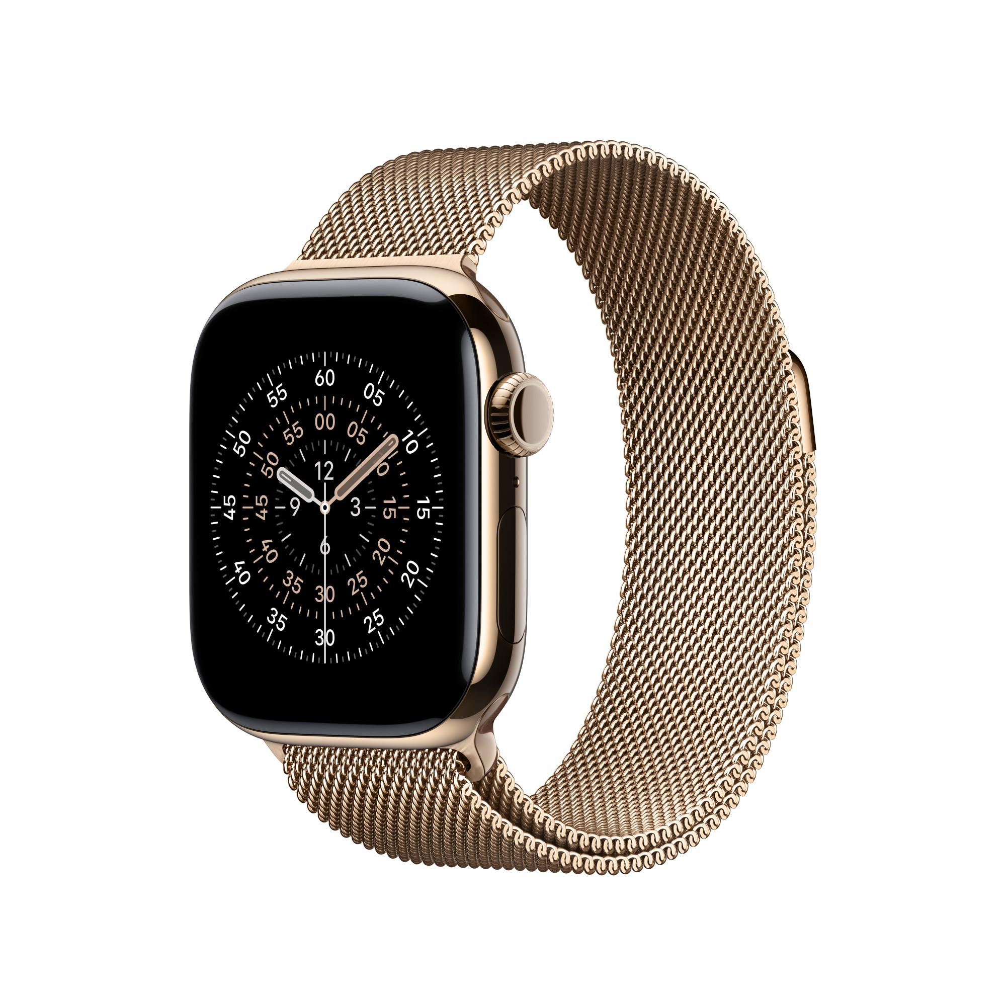 Eine goldene Apple Watch mit goldenem Mesh-Armband wird vor weißem Hintergrund gezeigt und zeigt die Uhrzeit. Die Uhr ist ein modernes Accessoire.