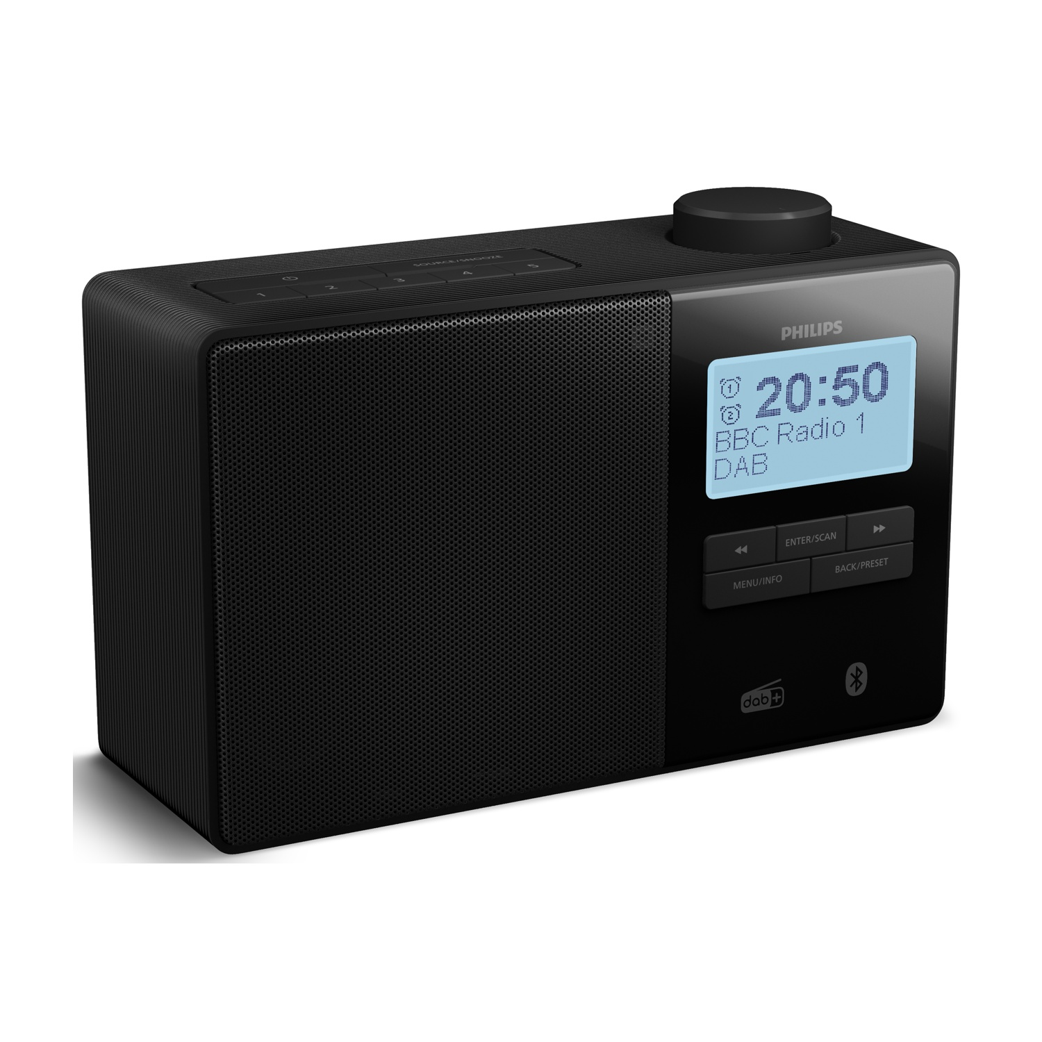 Una radio Philips nera con display digitale che mostra l'ora e BBC Radio 1. Ha pulsanti e una manopola.