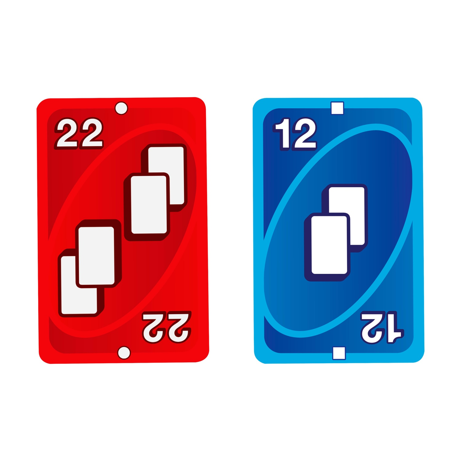 Due carte Uno: '22' rossa con forme bianche, '12' blu con forme bianche.