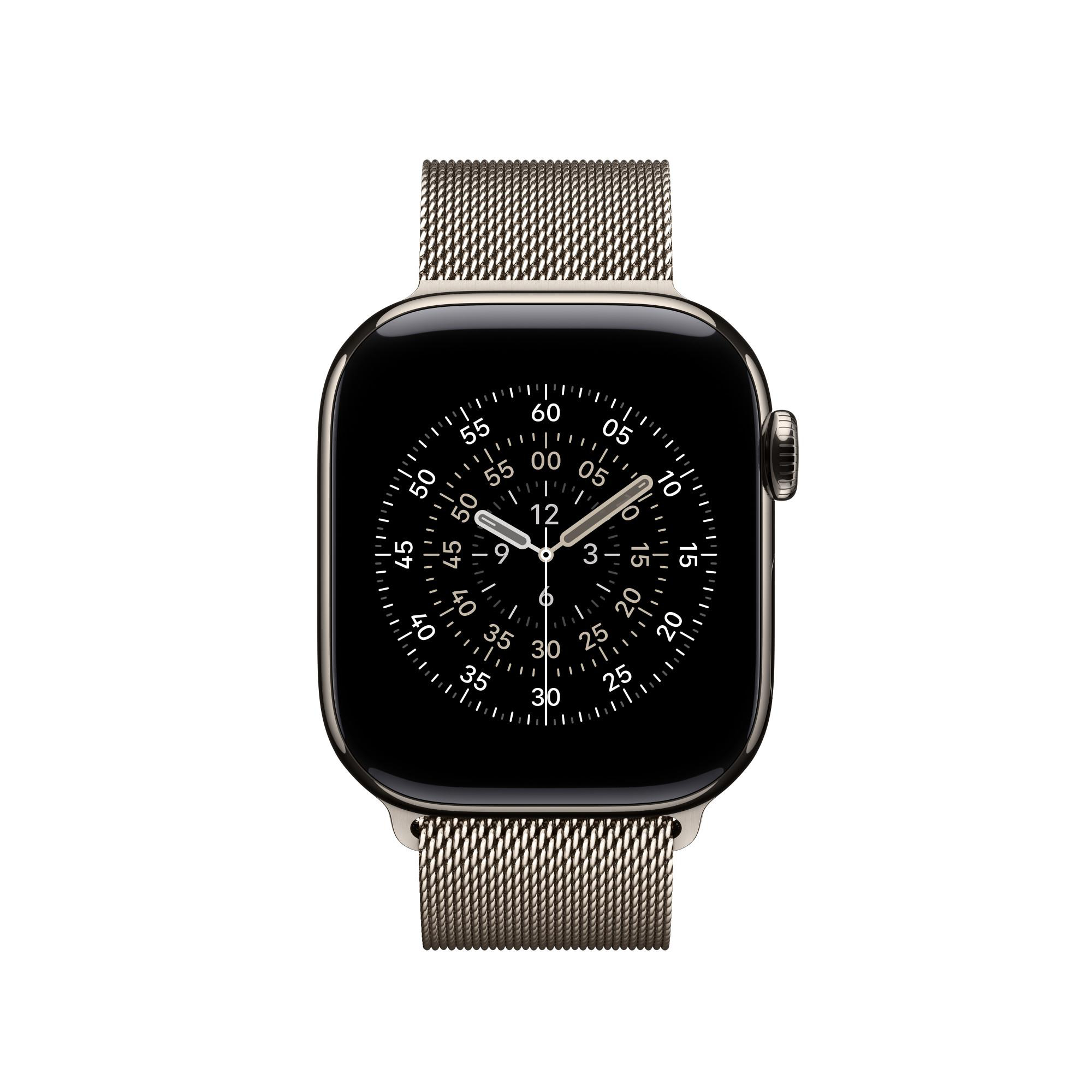 Eine silberne Smartwatch mit schwarzem Bildschirm, der ein Zifferblatt anzeigt. Die Uhr hat ein Mesh-Armband und ist auf weißem Hintergrund.