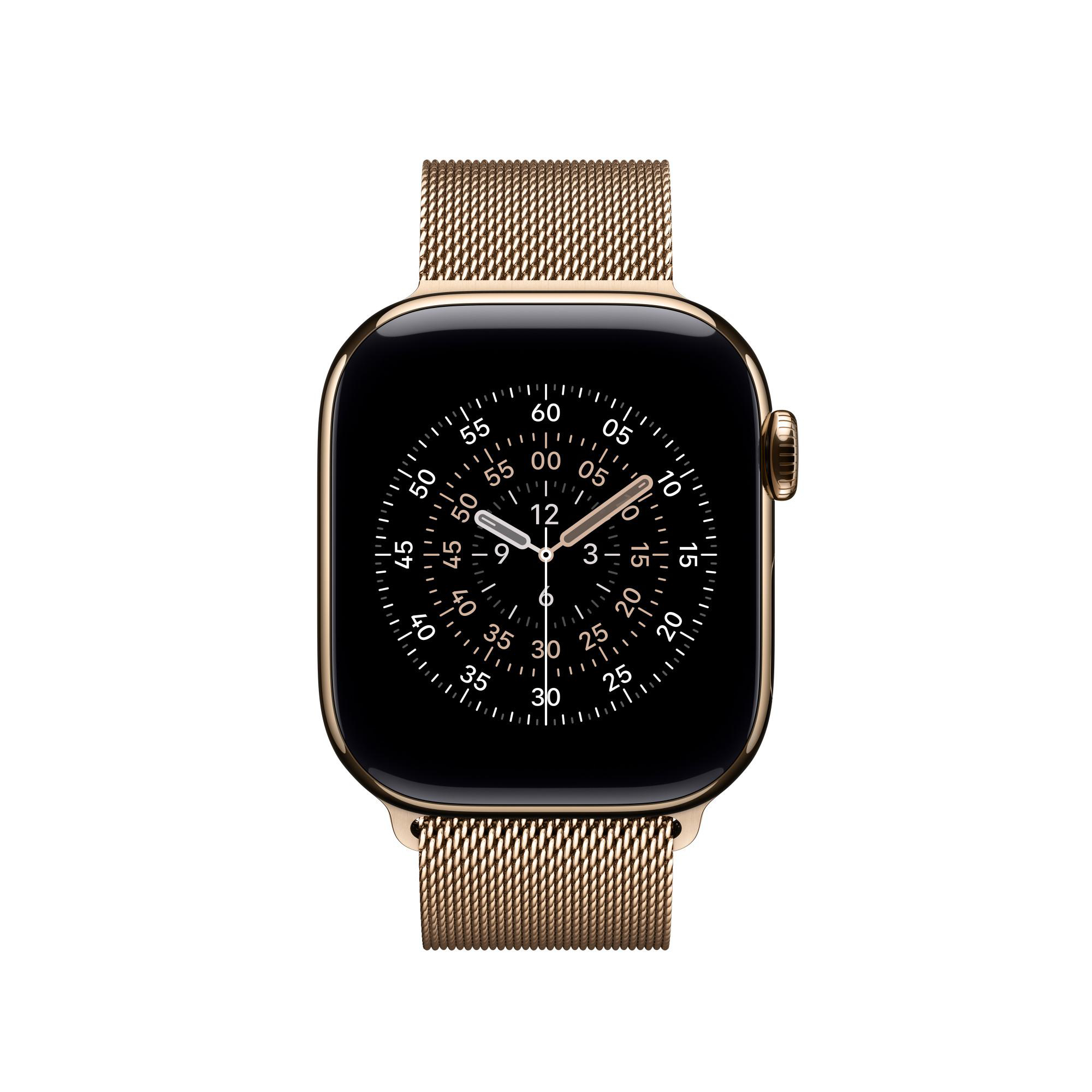 Eine goldene Apple Watch mit schwarzem Zifferblatt und goldenem Mesh-Armband, das die Uhrzeit anzeigt. Der Hintergrund ist weiß.