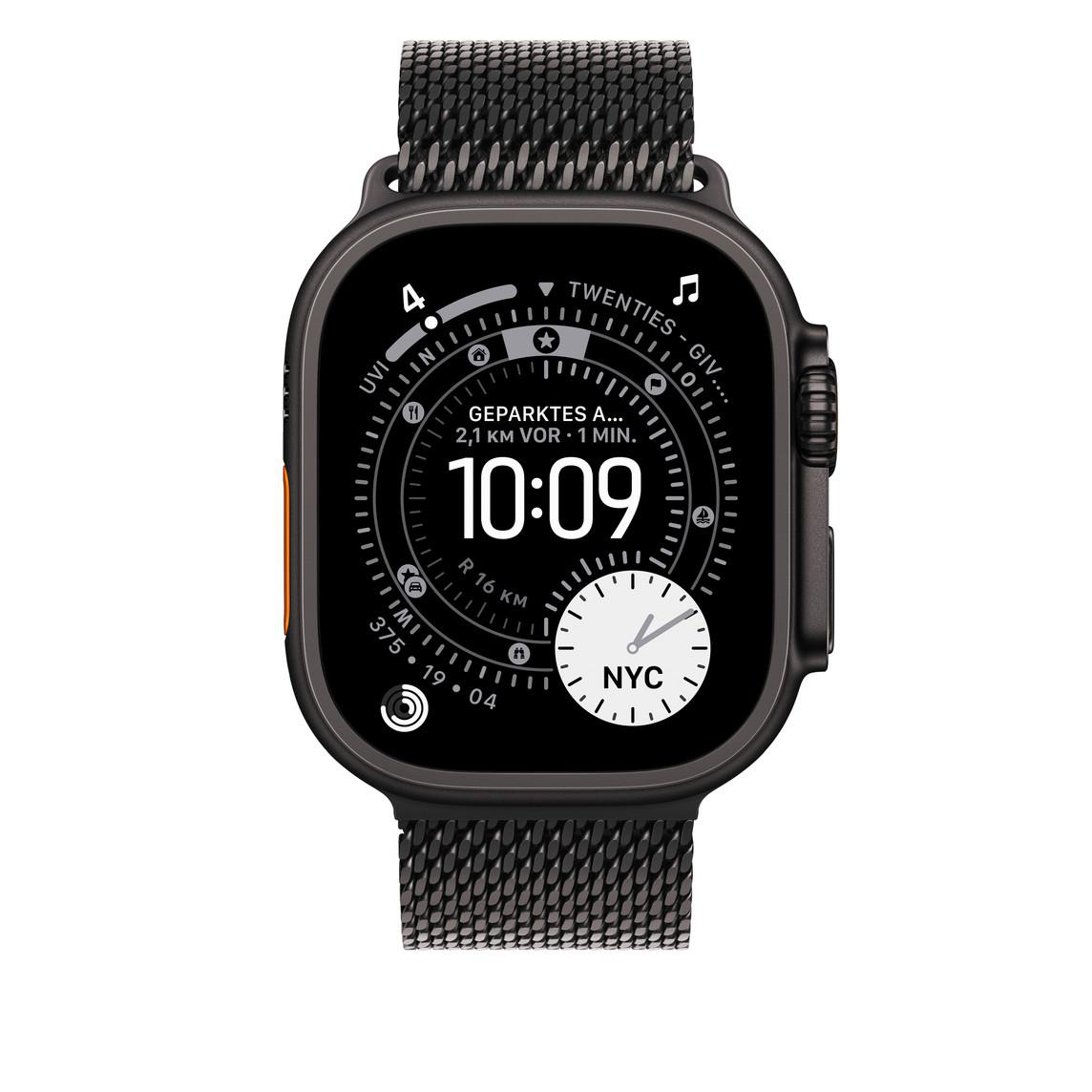 Eine schwarze Smartwatch zeigt 10:09 mit einem Mesh-Armband an. Das Zifferblatt zeigt zusätzliche Daten, darunter Zeit, Ort und Gesundheitsmetriken.