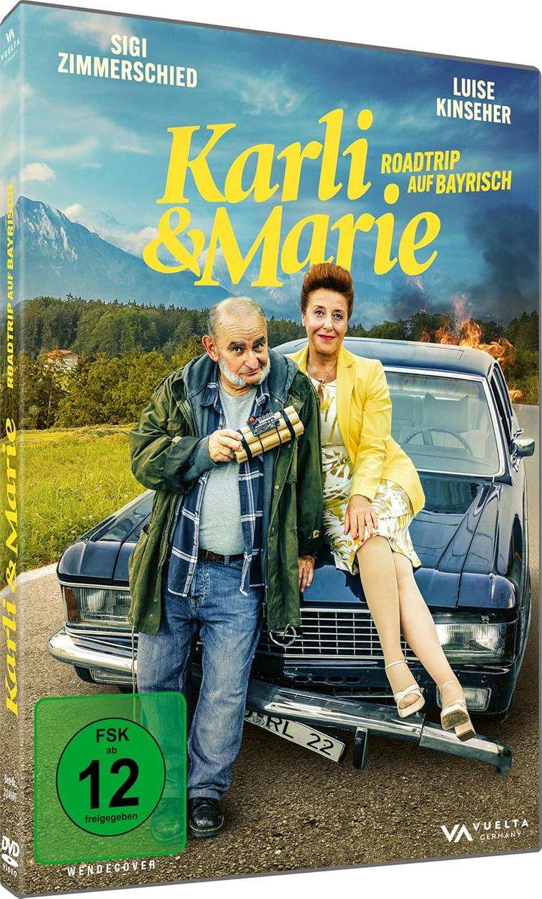 DVD-Cover. Mann mit Sprengstoff lehnt an Auto mit Frau. Text: Karli & Marie, Roadtrip auf Bayrisch.
