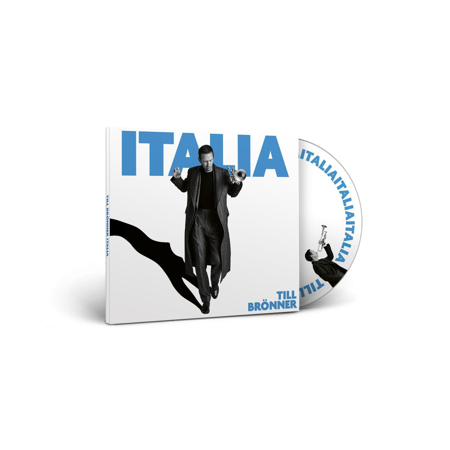 CD-Cover des Albums Italia von Till Brönner. Mann im Mantel spielt Trompete, Albumtitel Italia in Blau, CD mit Albumtitel.