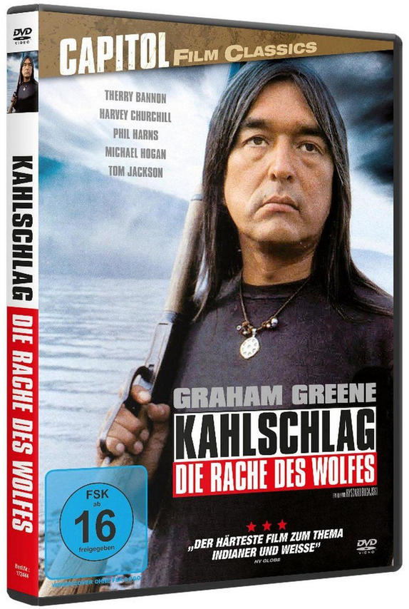 DVD-Cover von KAHLSCHLAG mit Graham Greene. Der Filmtitel ist auf Deutsch, mit einem indianischen Mann, der ein Gewehr hält.