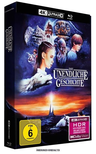 DVD-Cover von 'Die unendliche Geschichte'. Figuren, ein weißes Pferd und ein dramatischer Himmel. Titel auf Deutsch.