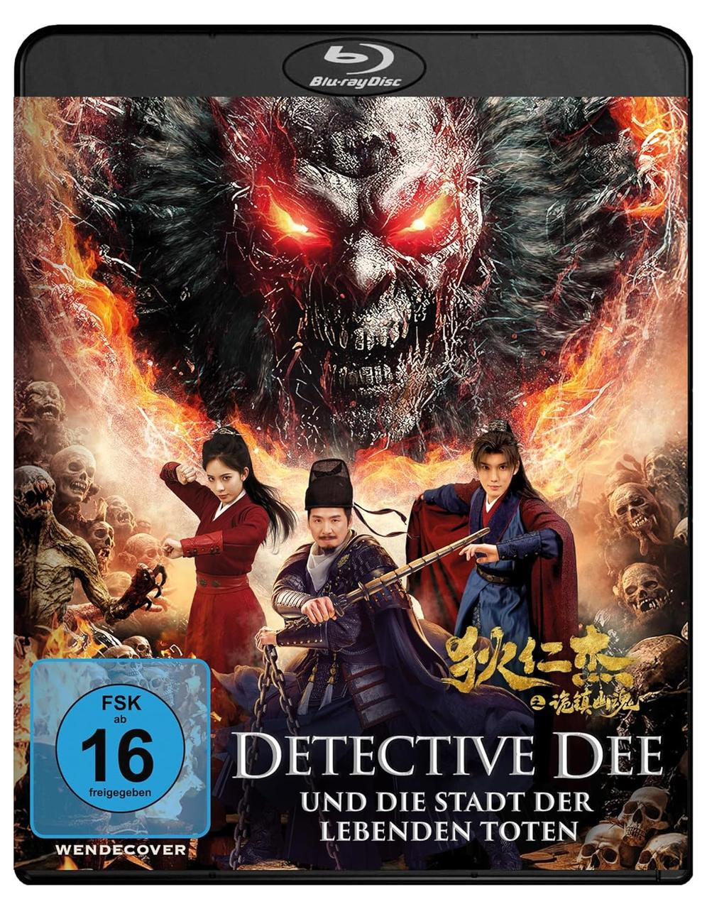 Ein Dämon mit roten Augen thront über drei Detektiven vor einer Horde von Zombies.