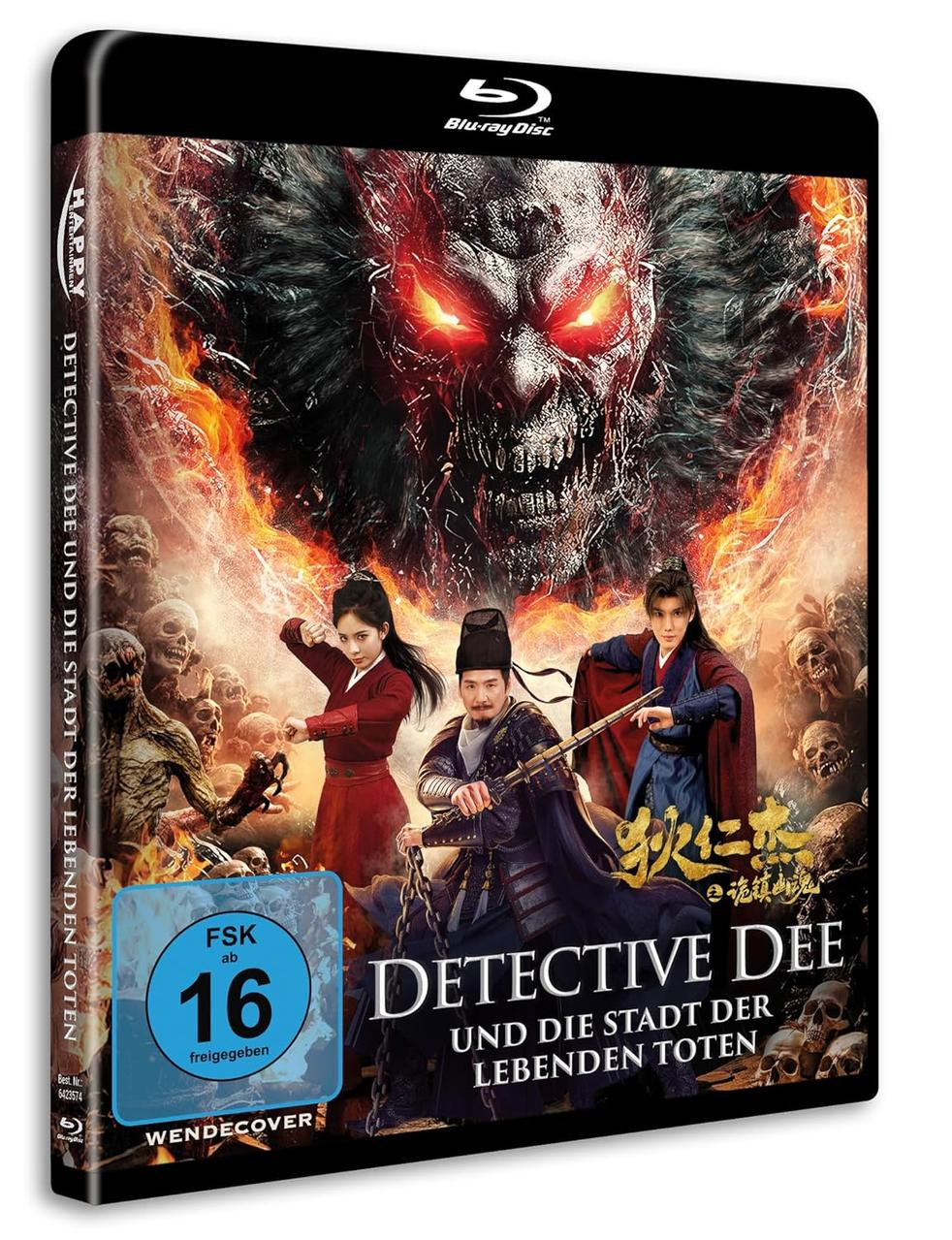 Filmcover von Detective Dee. Ein Monster mit roten Augen thront über drei Figuren. Text auf Deutsch und Chinesisch. FSK 16.