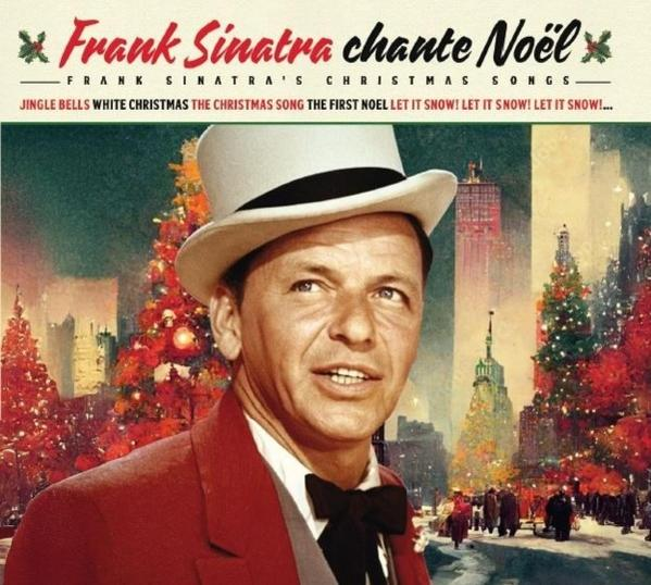 Frank Sinatra in rotem Jackett und weißem Hut vor NYC-Silhouetten und Weihnachtsbäumen.