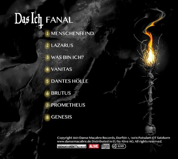 Albumcover mit brennender Fackel und Titelliste. Dunkles Thema mit gotischer Schrift, darunter Titel wie 'Lazarus' und 'Genesis'.