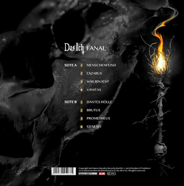 Albumcover mit Schädelfelementen, einer brennenden Fackel und Titelliste auf Deutsch. Dunkler Hintergrund mit Text: Das Ich FANAL.