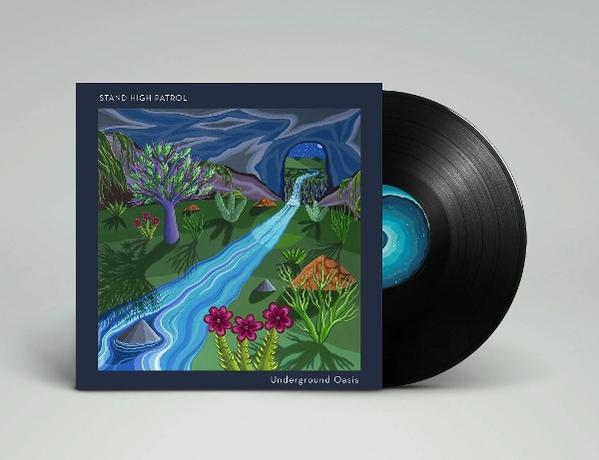 Albumcover mit dem Titel 'Underground Oasis' und einer Schallplatte. Das Cover zeigt einen blauen Fluss, der durch eine grüne Landschaft fließt.