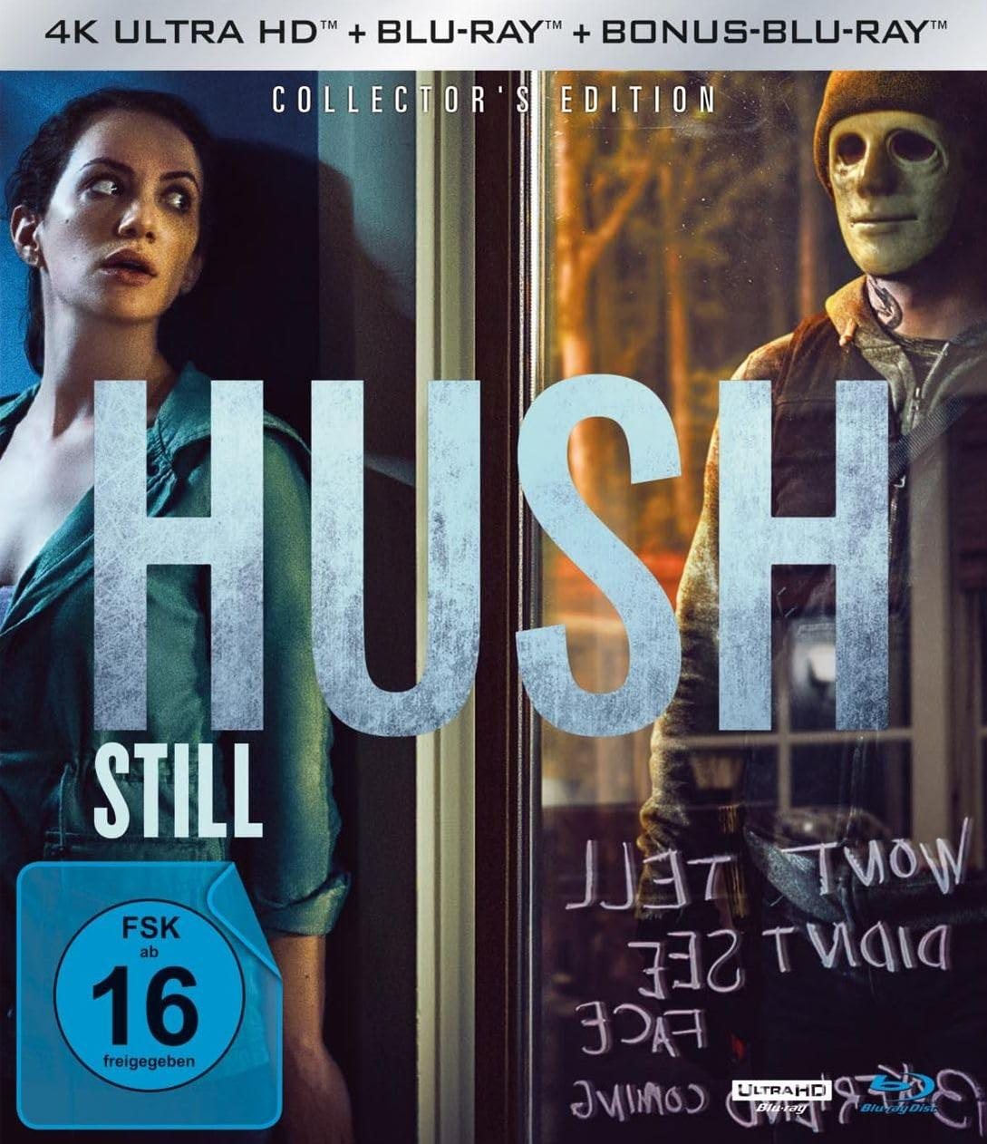 Filmcover: Frau und Maskenfigur. Titel 'HUSH' in großen Buchstaben. FSK 16. Worte auf dem Fenster: 'Won't tell face coming'.
