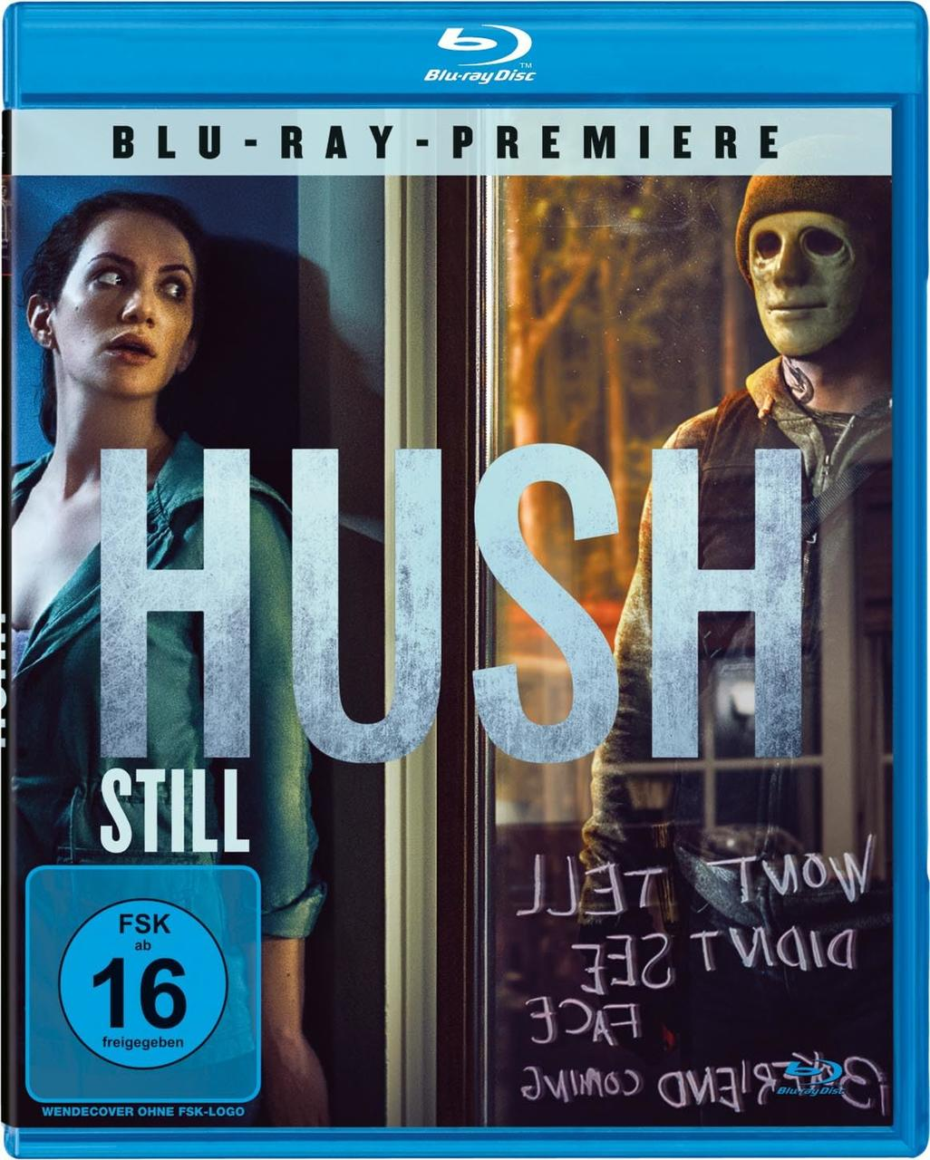 Blu-ray-Cover mit einer Frau links und einer maskierten Figur rechts. Der Titel 'HUSH' ist deutlich sichtbar. Unten befindet sich ein blauer FSK 16-Aufkleber.