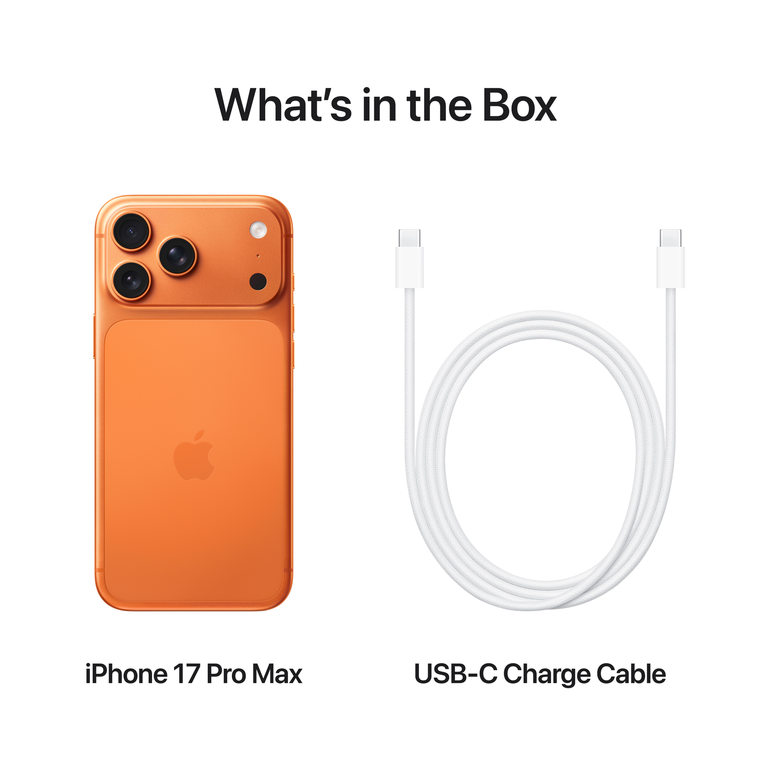 Een oranje iPhone 17 Pro Max en een witte USB-C-oplaadkabel op een witte achtergrond. Tekst: Wat zit er in de doos.