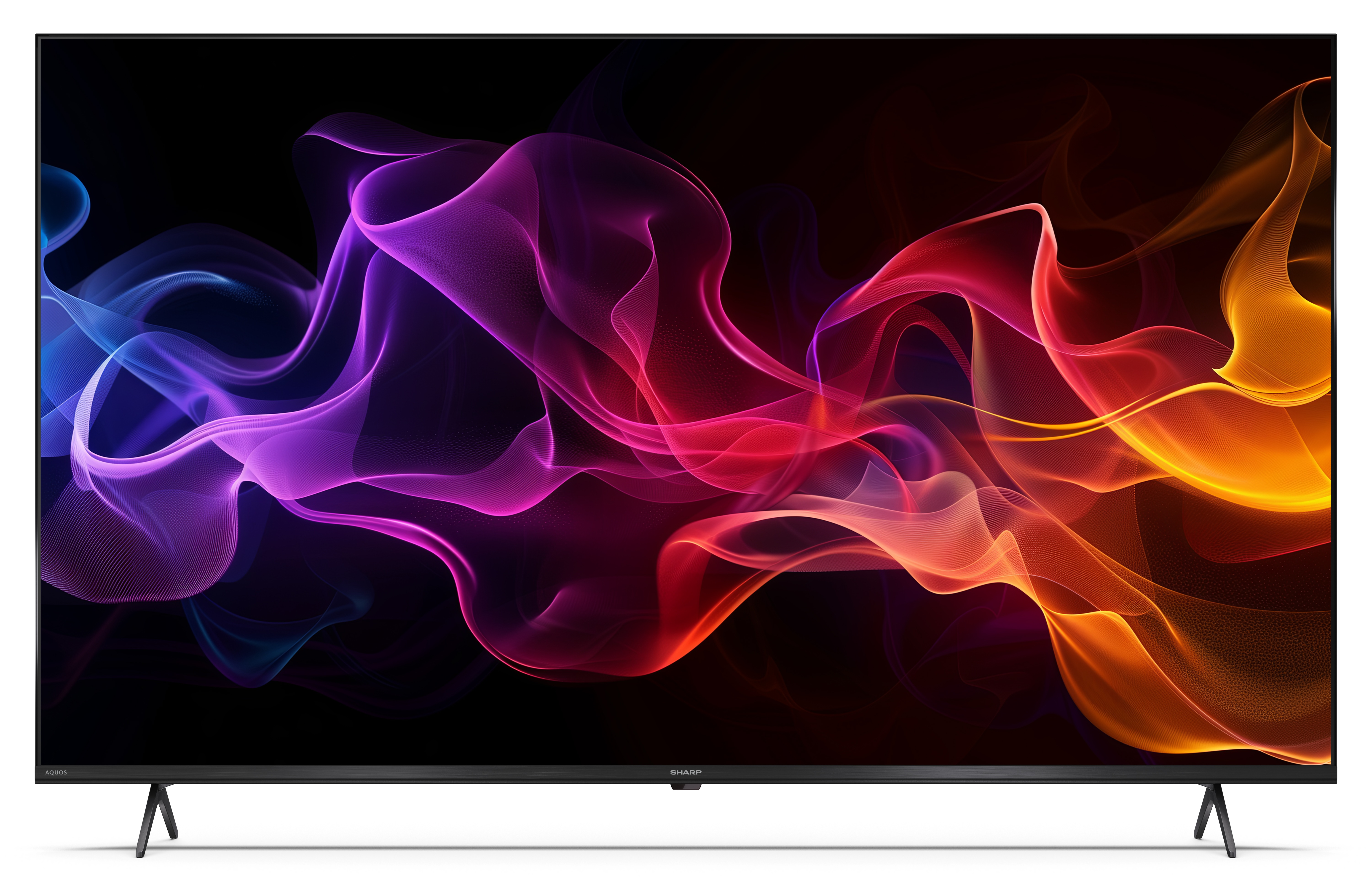 Telewizor z płaskim ekranem wyświetla abstrakcyjny wzór z fioletowymi, czerwonymi i pomarańczowymi kształtami na czarnym tle.