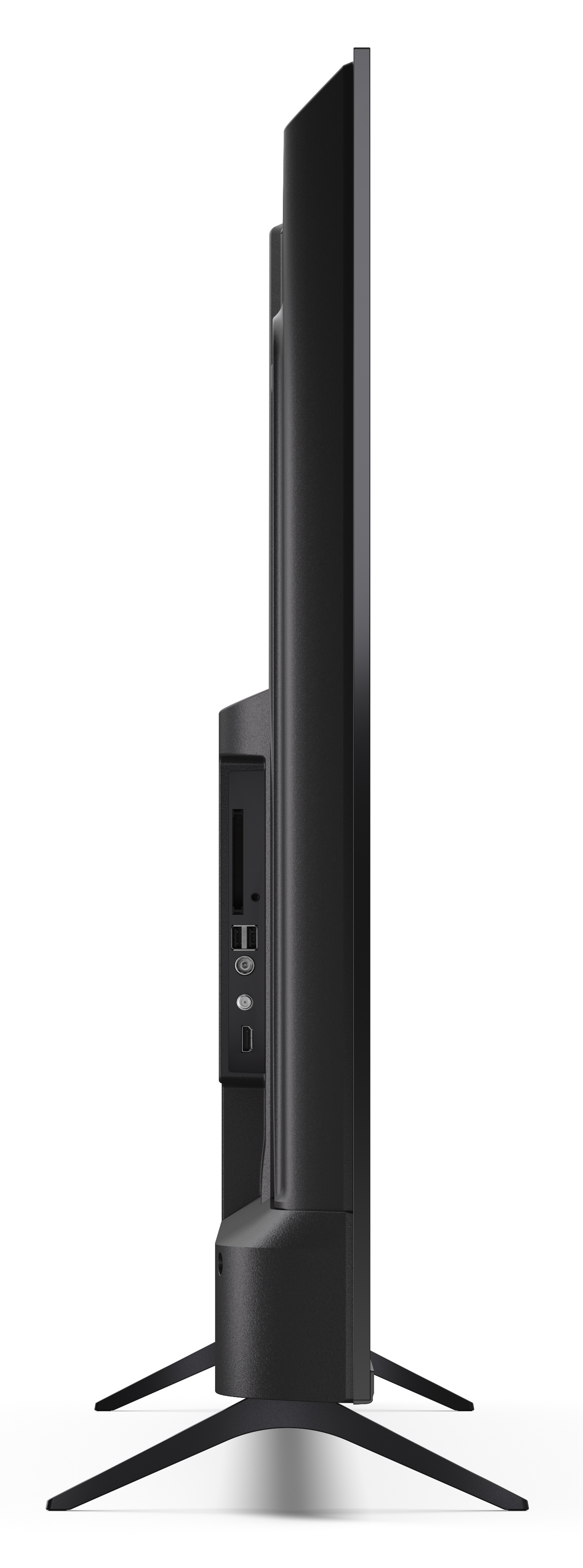Widok z boku czarnego telewizora. Telewizor ma podstawę. Porty są widoczne z boku. Tło jest białe.