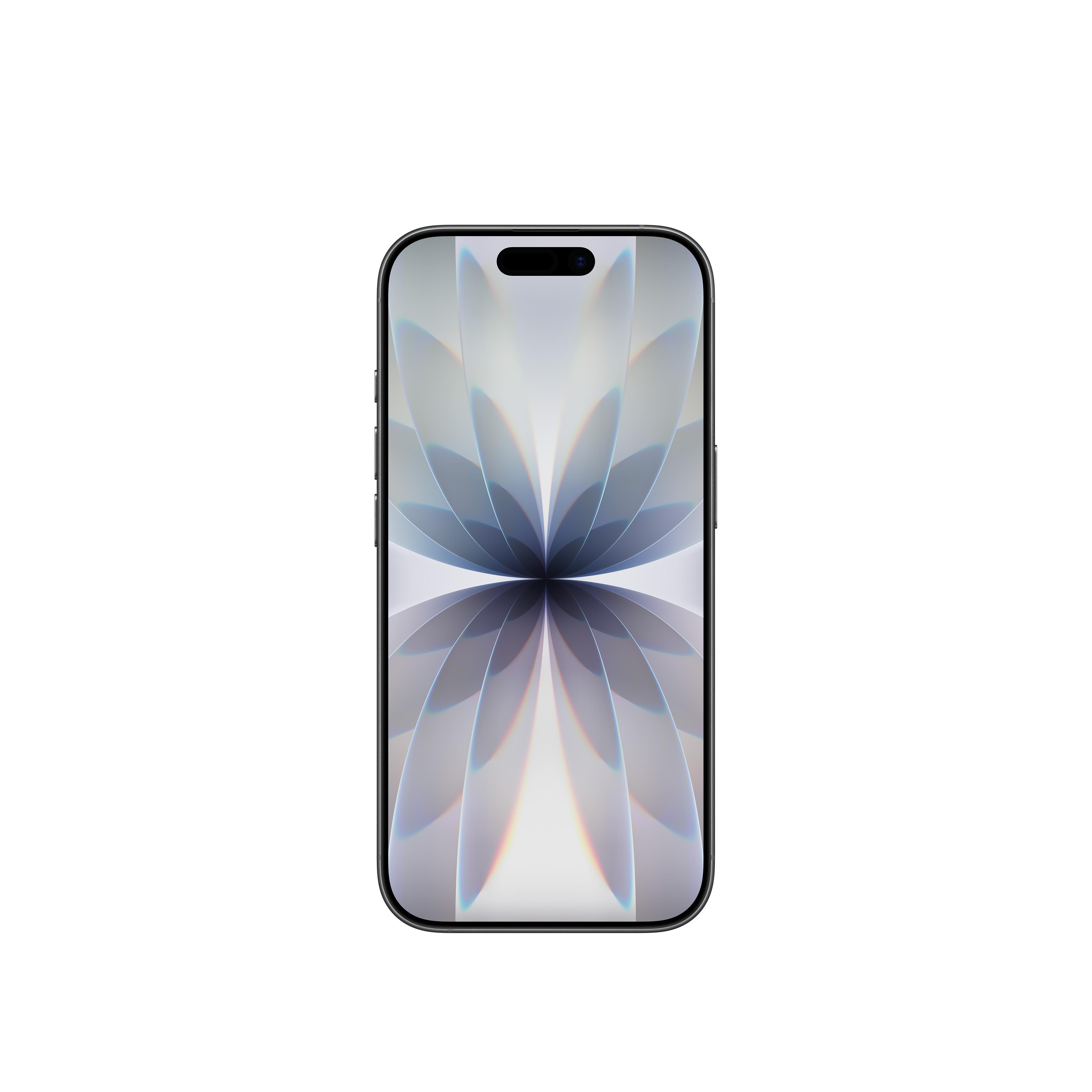 Ein schwarzes Smartphone vor weißem Hintergrund. Der Bildschirm zeigt ein helles, abstraktes Blumendesign.