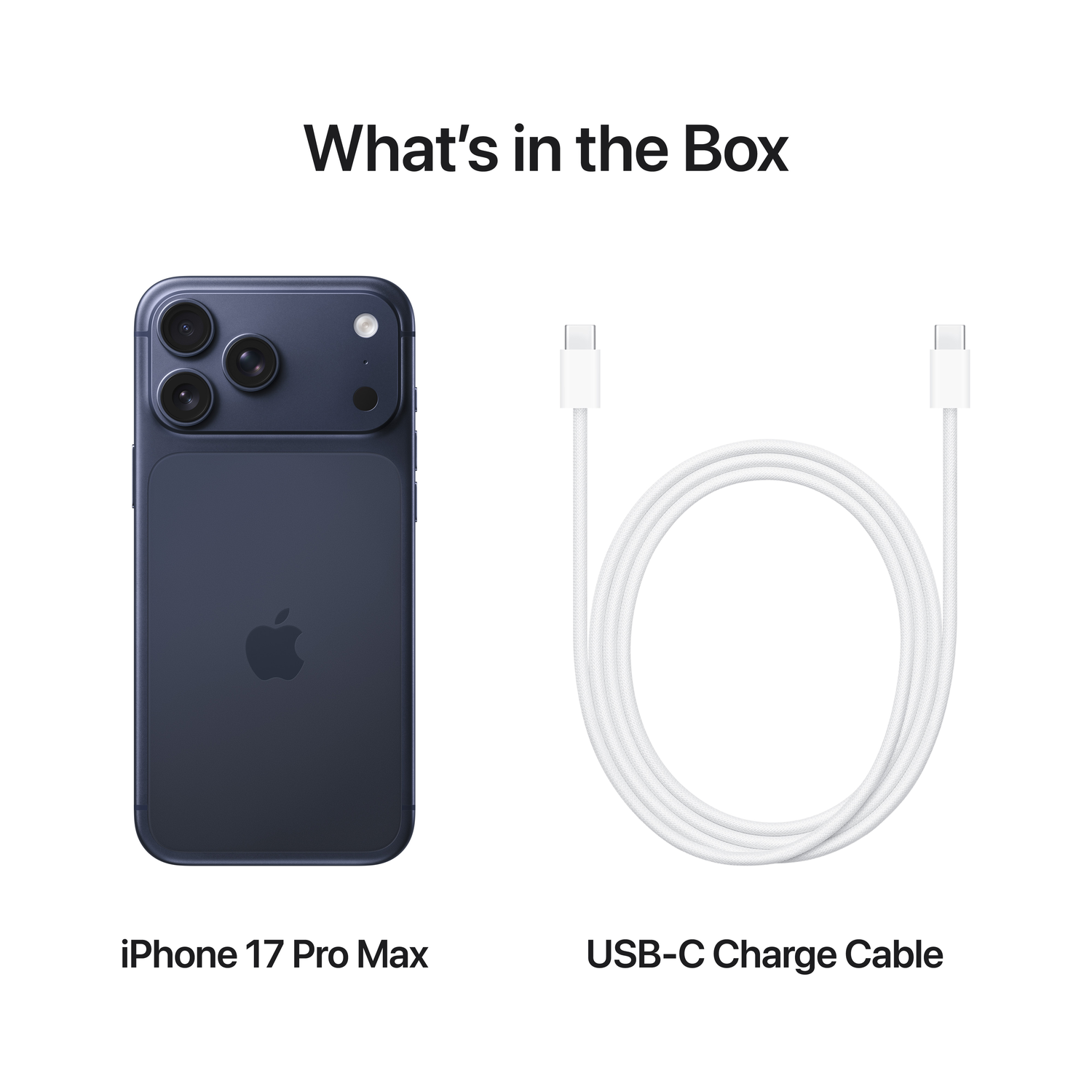 Afbeelding toont iPhone 17 Pro Max en USB-C oplaadkabel. De telefoon is blauwgrijs. De kabel is wit en opgerold.