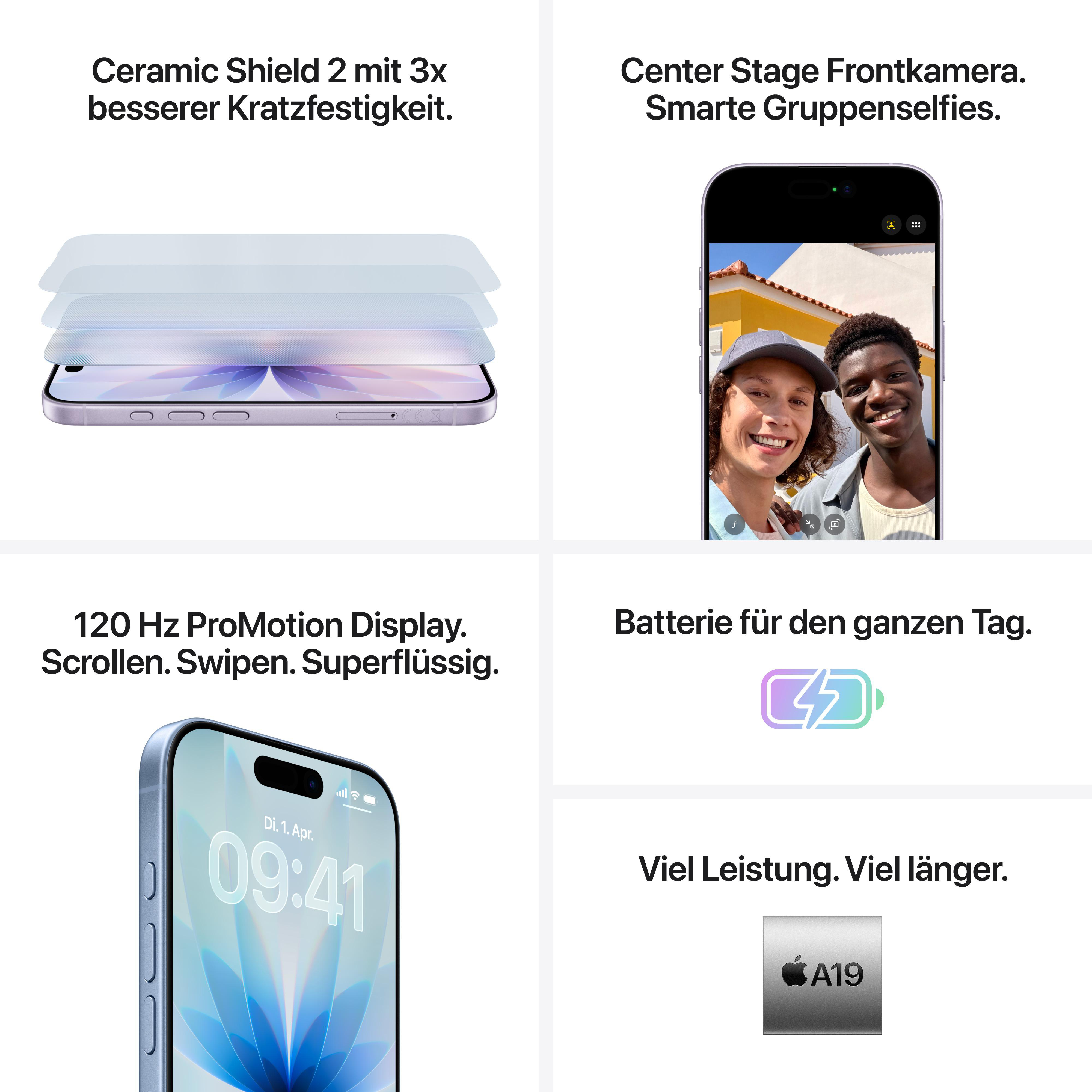 Ein iPhone, das Funktionen zeigt: Ceramic Shield, Frontkamera mit zwei Personen, 120 Hz Display und ein Batteriesymbol.