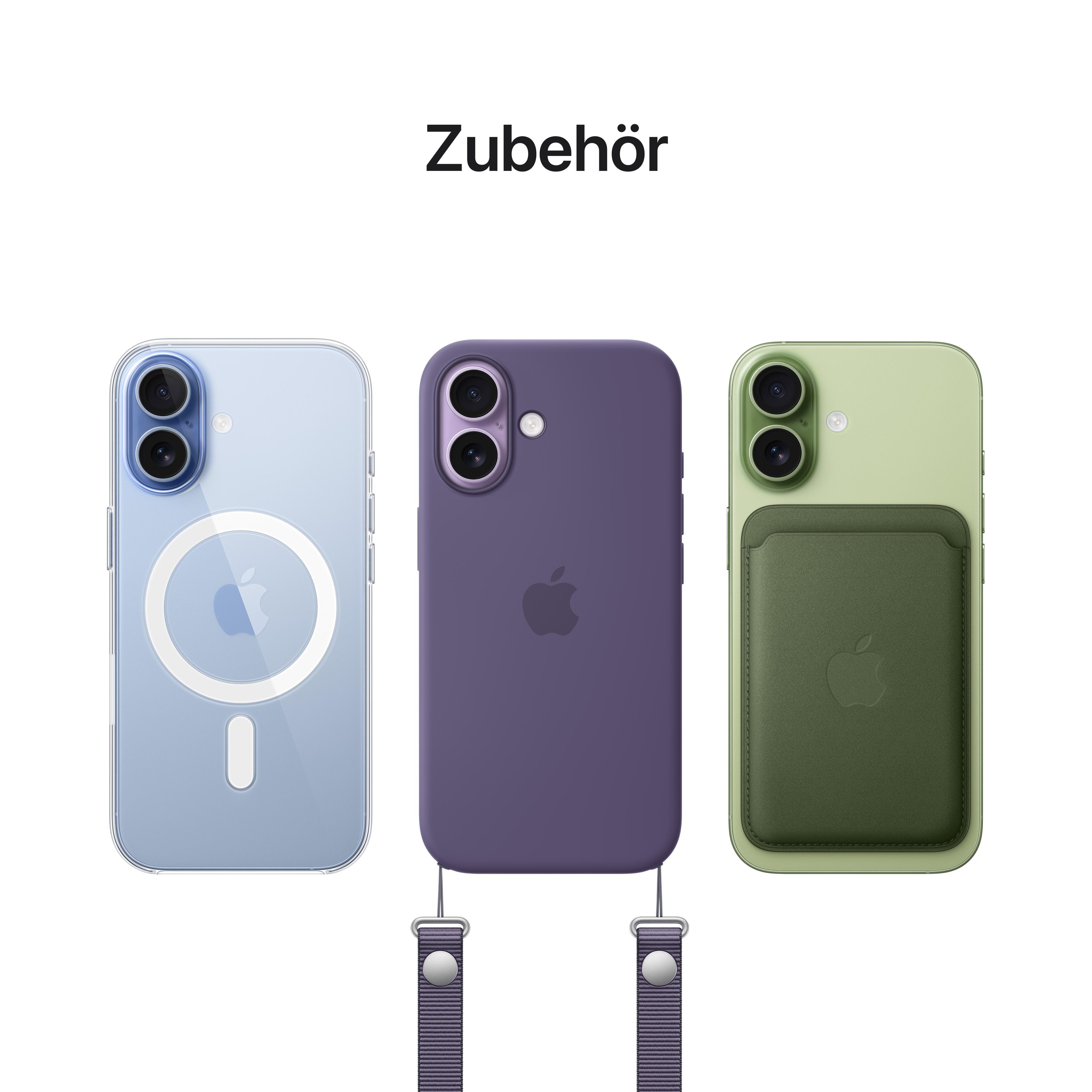 Drei iPhone-Hüllen: klar, lila und grün. Die lila Hülle hat einen Riemen. Alle haben das Apple-Logo.
